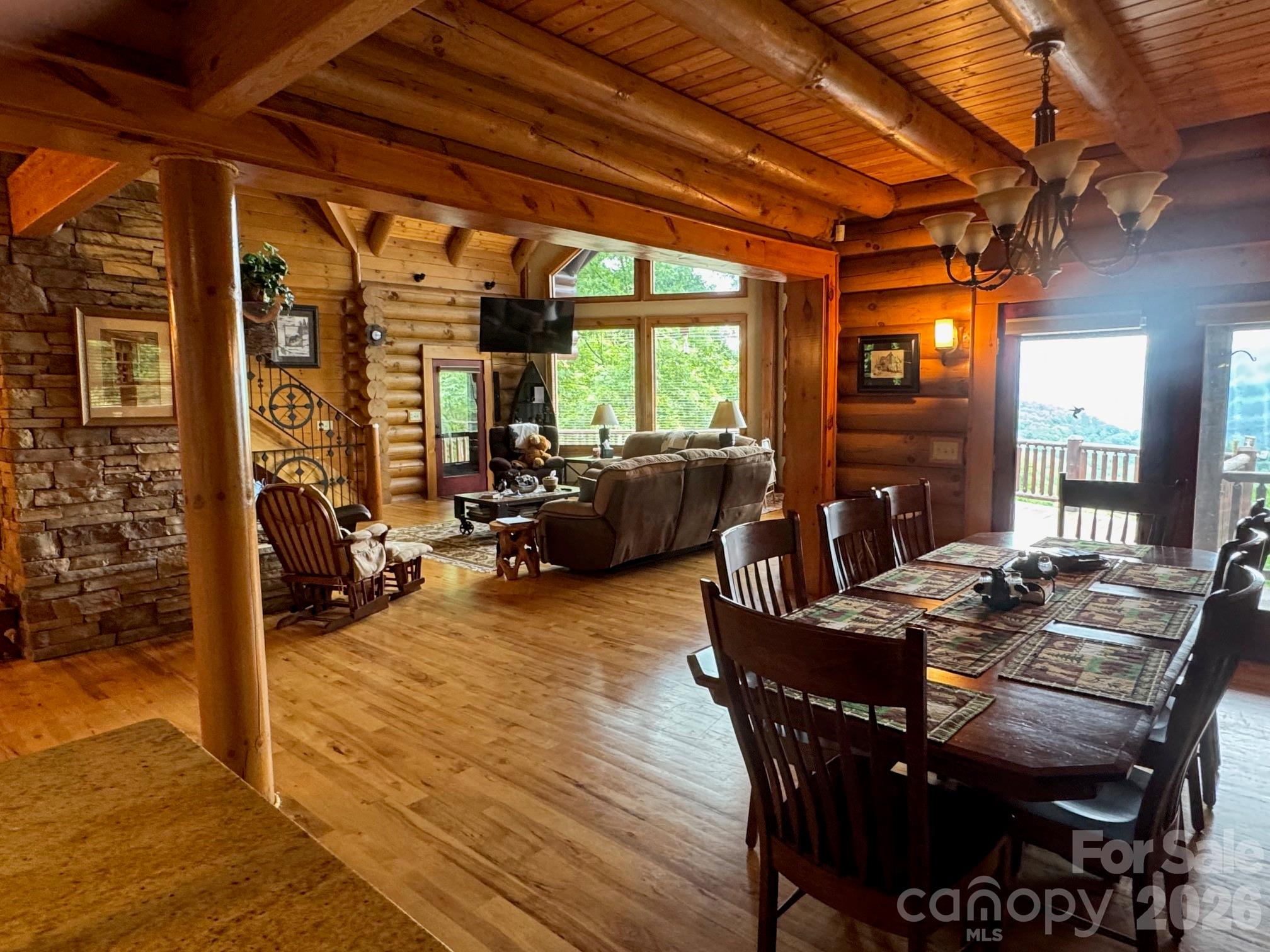 COMING SOON!   Professional photographs coming soon! No showings until June 12.   Built to be a showplace for a log home community, this incredible log home with stunning long range mountain views, features all of the amentities a mountain home should:  two fireplaces, amazing great room with a  20 foot high stack rock fireplace,  kitchen with beautiful wood cabinetry, hardwood flooring, walk around partially covered deck, wood paneling, three level living, great room with a cathedral ceiling and a downstairs living area with a rock fireplace, second kitchen, game room area, bedroom with full bath.  The wood work from the cabinetry in the kitchen and bathrooms, paneling, entrance way, flooring displays fine workmanship and beauty.   Located on a 2+ acre lot with unobstructed views of the mountains in the front and sheltered by large native trees for privacy.  Home is in the Panther Creek Community of Fines Creek Township and within a couple of miles from I-40 which offers convenient access to Asheville and east Tennessee.