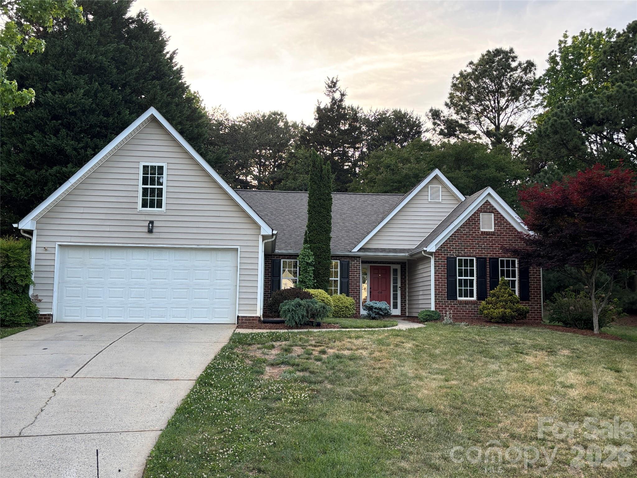 Wonderful ranch home with partial brick exterior, offering the perfect blend of comfort and convenience. Home features vaulted great room open to kitchen, dining room & breakfast area w/engineered hardwoods in most areas creating a warm and inviting atmosphere in every room. The oversized master suite has a recent (2023) master bath update with large shower, new ceramic/vanities/fixtures & quartz countertops.  Entire interior painted in 2026 with A/C & gas furnace new in 2022.  Situated on a large .67 acre cul-de-sac lot with loads of rear yard privacy, perfect for entertaining and outdoor living. Located in a well-known, family-oriented community with walkable access to a community pool, local restaurants and shopping.  This home is a wonderful opportunity for anyone looking for a single-story home in a desirable location.