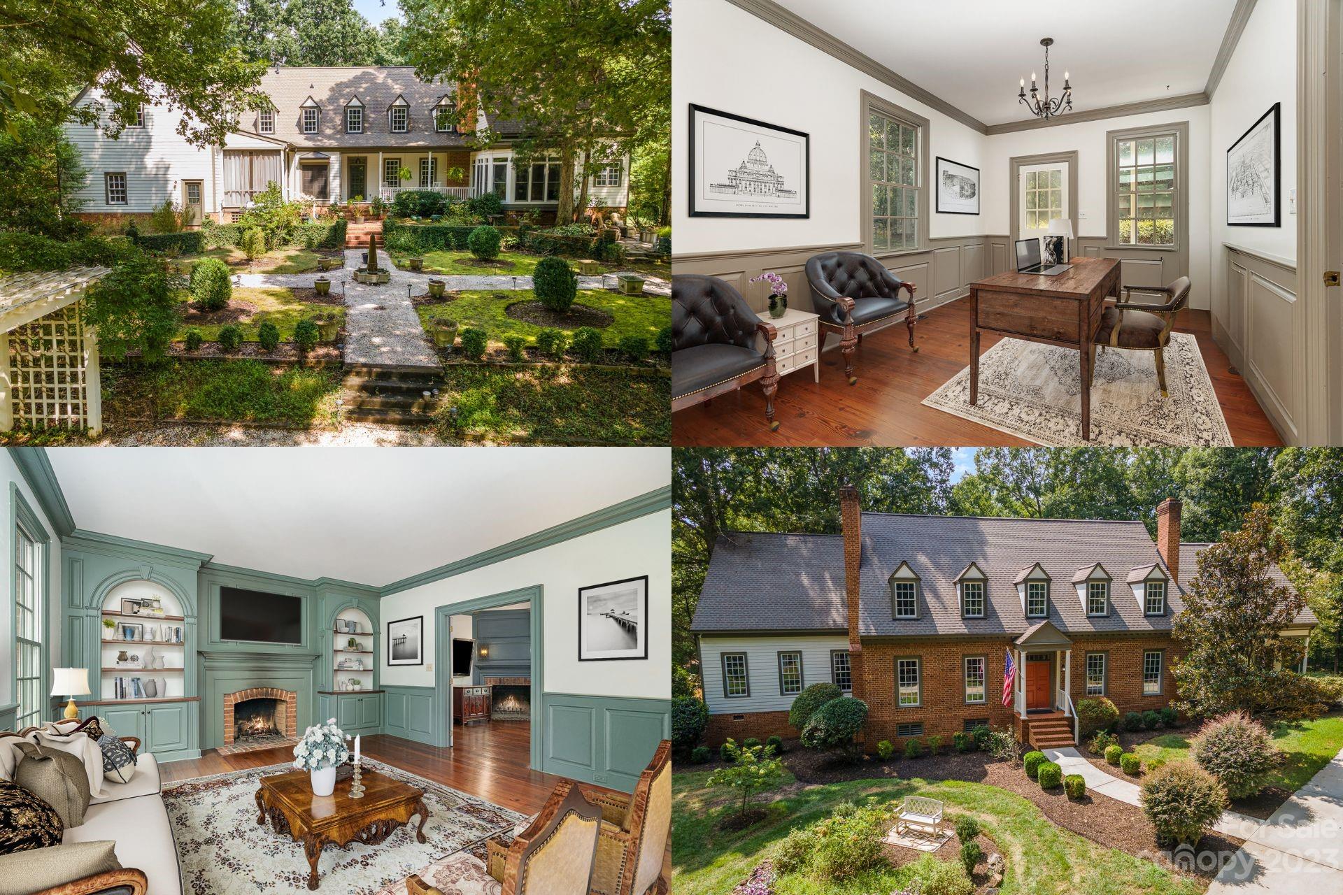 Luxury at its finest! Welcome to this elegant Williamsburg-style home where charm abounds! Built for entertaining on 6+ acres of parklike property. Experience the pride of ownership as you drive up. Quaint rocking chair front porch. Enter thru the foyer into the light, bright, spacious, and beautiful interior w/unique craftsmanship thru out. Everything you could ever want is here! Wide & gorgeous plank heart pine flooring. Formal living room w/built-ins & fireplace, formal dining w/ fireplace, gorgeous eat-in kitchen w/center island, beautiful family room w/fireplace, private office space w/built-ins, main level primary ensuite is a true retreat w/fireplace & updated luxurious bath. Glorious sunroom w/walls of windows overlooking elegant, peaceful & private backyard sanctuary featuring 1-acre pond, gardens, seating areas & more! Screened-in terrace. Your family & guests will never want to leave! Upper level is equally amazing w/4 bedrooms & a billiard room. 2-car garage. Come & see!