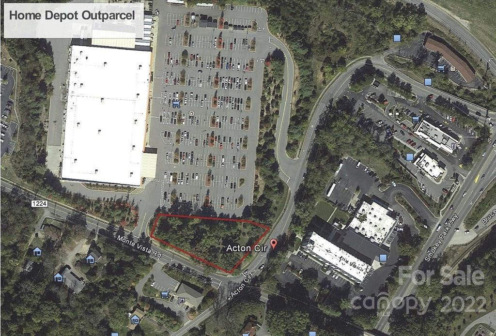 Very buildable 1-acre lot between Home Depot and Holiday Inn, at the corner of Acton Circle and Monte Vista Road, just off I-40 and Smokey Park Highway.  Zoned Highway Business.  Utilities available. Great spot for medical office or professional services.
