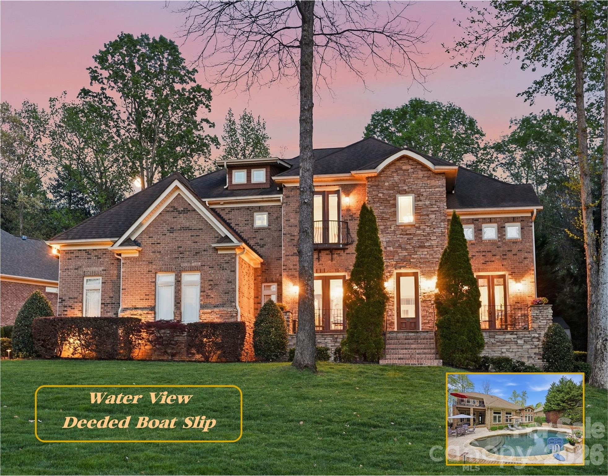Welcome to this Elegant 4BR/3BA/2HBA home with 4,497 sq ft on a private 0.39-acre lot featuring Sunset Lake View and a Deeded Boat Slip with Lift. This beautifully crafted home offers lovely Architectural Details, crown molding, hardwood floors, an open floorplan, Vaulted, Tray and Coffered Ceilings, multiple built-ins, and spacious living areas throughout. Main level includes a Gourmet Kitchen with Chef's GE Monogram gas 6 burner cooktop with griddle, double ovens, food warmer and pot filler. Also, built-in microwave, wine refrigerator, walk-in pantry, breakfast nook, and breakfast bar. First-floor primary suite features a spa tub, heated towel rack, walk-in shower, dual vanities, and
oversized custom walk-in closet. Additional spaces include an office with French doors and a beautiful view of Lake Norman. The second level boasts a loft, billiard/entertainment room with a balcony overlooking the pool, media/theater room and a finished storage room with a Murphy bed. Outdoor living shines with a fully fenced, professionally landscaped backyard, Pebble Tech kidney-shaped pool with waterfall, travertine deck,
fire pit, covered porch, irrigation, and landscape lighting. This exceptional property also includes 3-car, side-load garage, storage shed, alarm system with cameras, whole house intercom/music system whole-house dehumidifier, wired TV/internet, and transferable 2-10 home warranty.