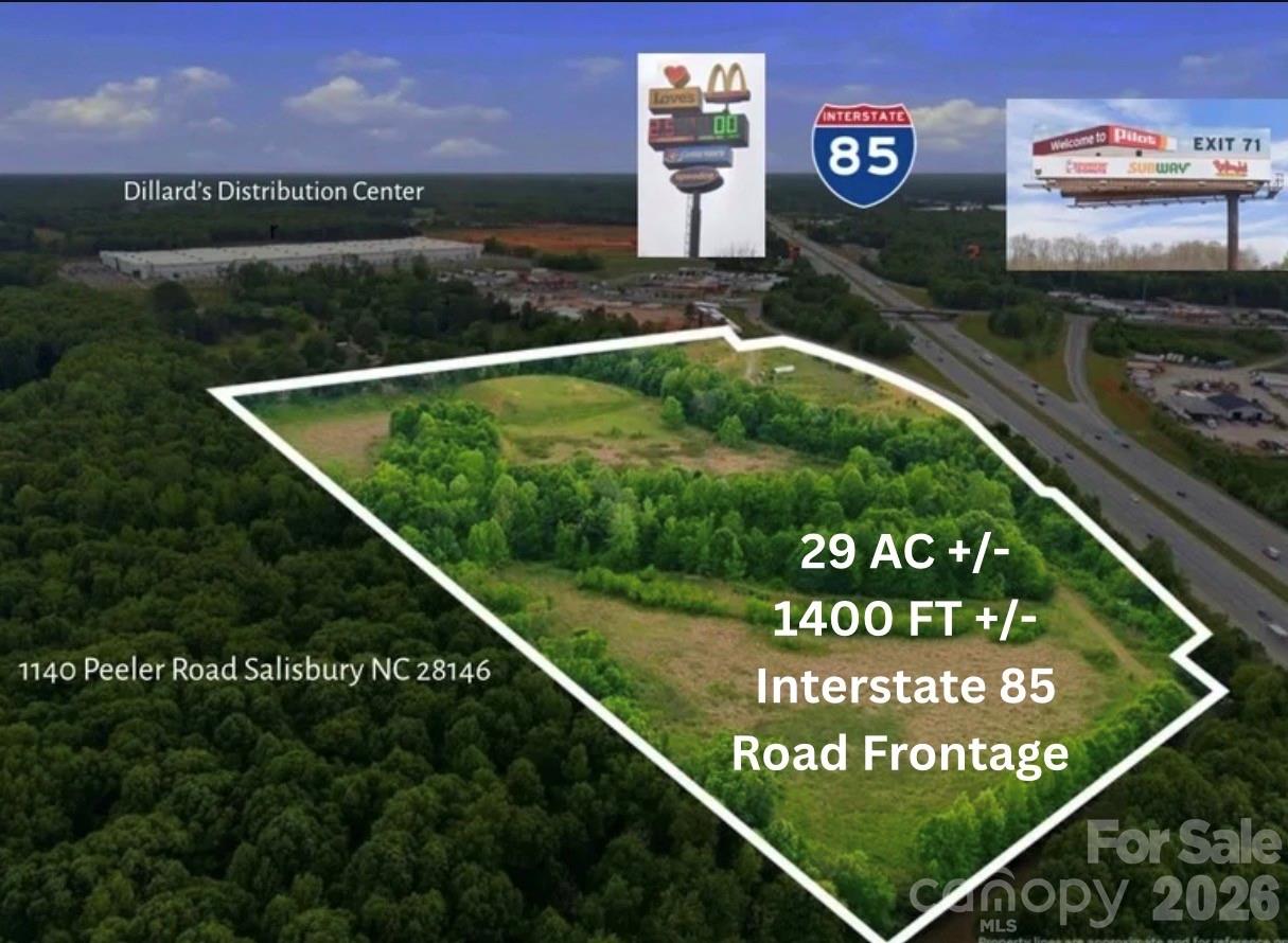 Prime development opportunity in the heart of Salisbury! Ideally located with excellent visibility and 1400 +/-road frontage along I-85, 1140 Peeler Road offers approximately 29+/- acres ready for its next chapter. This highly visible tract presents a rare opportunity for developers, investors, and visionaries seeking to create something truly exceptional in a rapidly growing corridor. Featuring gently rolling topography the property offers the perfect canvas for a wide variety of potential uses. Whether you envision commercial development, mixed-use opportunities, industrial potential, or a private investment venture, the possibilities are endless. Conveniently positioned with easy interstate access and outstanding exposure, this rare offering combines location, size, visibility, and opportunity all in one remarkable property. Bring your vision and ambition to life at 1140 Peeler Road, Salisbury, NC 28146. The future starts here.