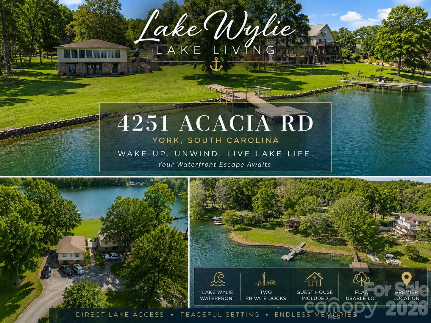 RARE Lake Wylie Waterfront Opportunity | Flat Lot | Two Private Docks | Guest House | No HOA

Welcome to 4251 Acacia Road, a rare waterfront property on Lake Wylie offering one of the most sought-after combinations on the lake: flat, usable shoreline, two private docks, no HOA, and multiple structures on approximately 0.75 acres.

Situated in a protected cove with long-range water views, this unique property presents endless possibilities for those seeking a private lake retreat, investment opportunity, family compound, or future luxury waterfront estate.

The main residence features 2 bedrooms, 1 full bathroom, generous living spaces, distinctive railroad brick flooring, and expansive unfinished upstairs areas ready for customization. The home’s flexible layout offers tremendous potential for renovation, expansion, or complete reimagination.

Adding even more value is the separate guest house featuring 1 bedroom and 1 bathroom, making it ideal for guests, extended family, a home office, studio, or potential income-producing space. A dedicated bathhouse provides added convenience for enjoying days on the water.

Whether you’re searching for a Lake Wylie fixer-upper, waterfront investment property, Airbnb opportunity, multi-generational living setup, or the perfect location to build your dream lake home, this property offers a rare chance to create something truly special.

Enjoy direct lake access, easy walk-to-water convenience, ample outdoor entertaining space, and a setting that combines privacy with proximity to Lake Wylie, Clover, Rock Hill, and Charlotte.

Properties offering flat waterfront acreage, multiple structures, dual docks, and no HOA restrictions are increasingly difficult to find on Lake Wylie. Bring your vision and unlock the incredible potential of this one-of-a-kind waterfront property.

Schedule your private showing today and discover the possibilities waiting at 4251 Acacia Road.