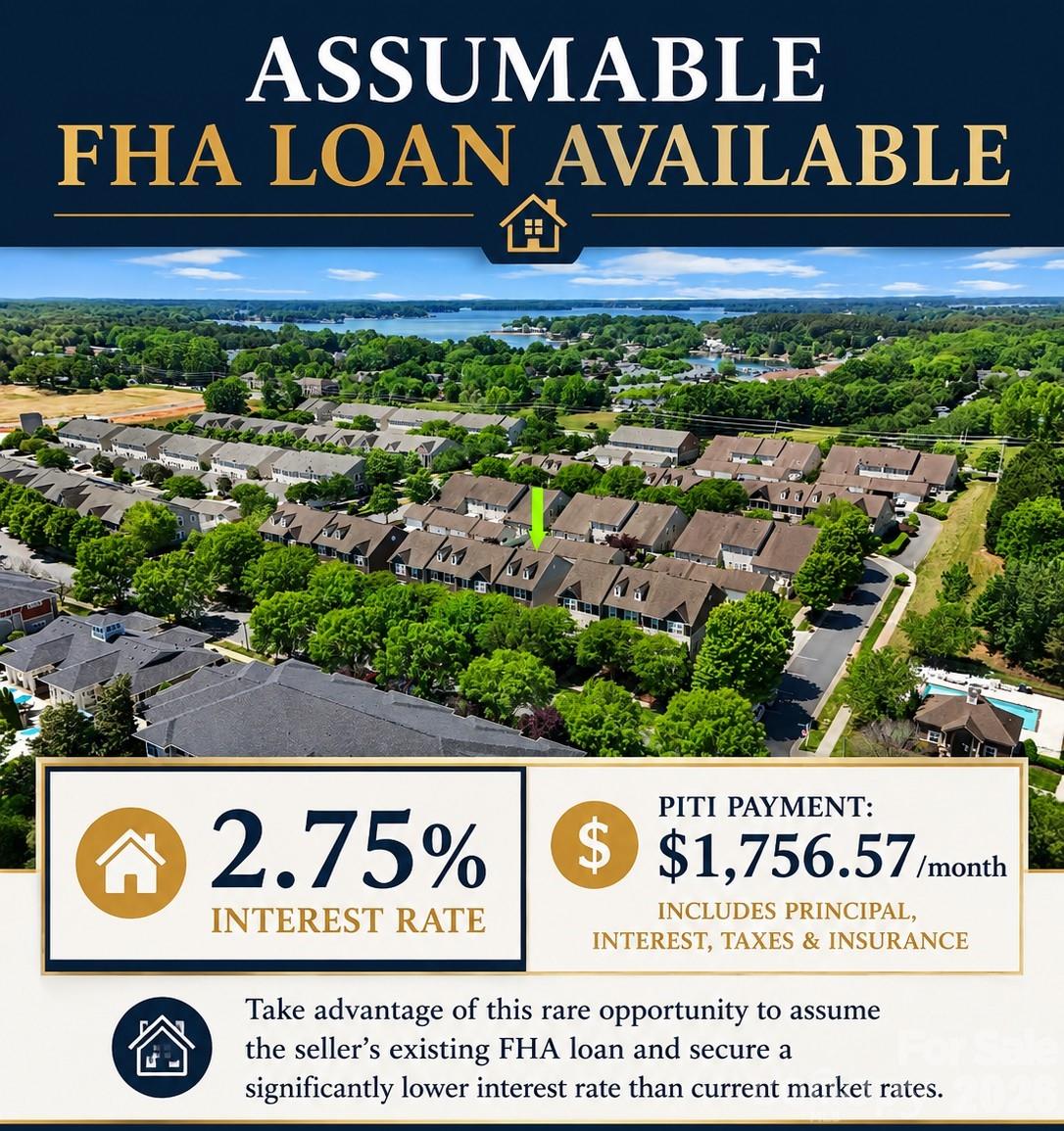 SAVE $$$$ by ASSUMING the 2.75% LOAN!  Beautiful end-unit townhome with plenty of natural light & perfectly situated in the heart of Cornelius, just four doors down from the community pool! This move-in-ready home features hardwood floors throughout most of the main areas, new carpet in the bedrooms & bonus room.  New HVAC system (2022). The interior boasts updated bathroom sinks, mirrors, and lighting, plus a bright kitchen with white cabinets, granite countertops, and a tile backsplash.  Ring security system

Enjoy outdoor living on the new composite deck with an automated retractable awning, ideal for relaxing or entertaining. Additional highlights include a 2-car garage, a wide, extended driveway, 3 bedrooms, 2 full baths, and 2 half baths.

Conveniently located within walking distance or a short ride to popular shops, restaurants, Lake Norman, and Birkdale Village, this home offers a perfect blend of comfort, style, and location.