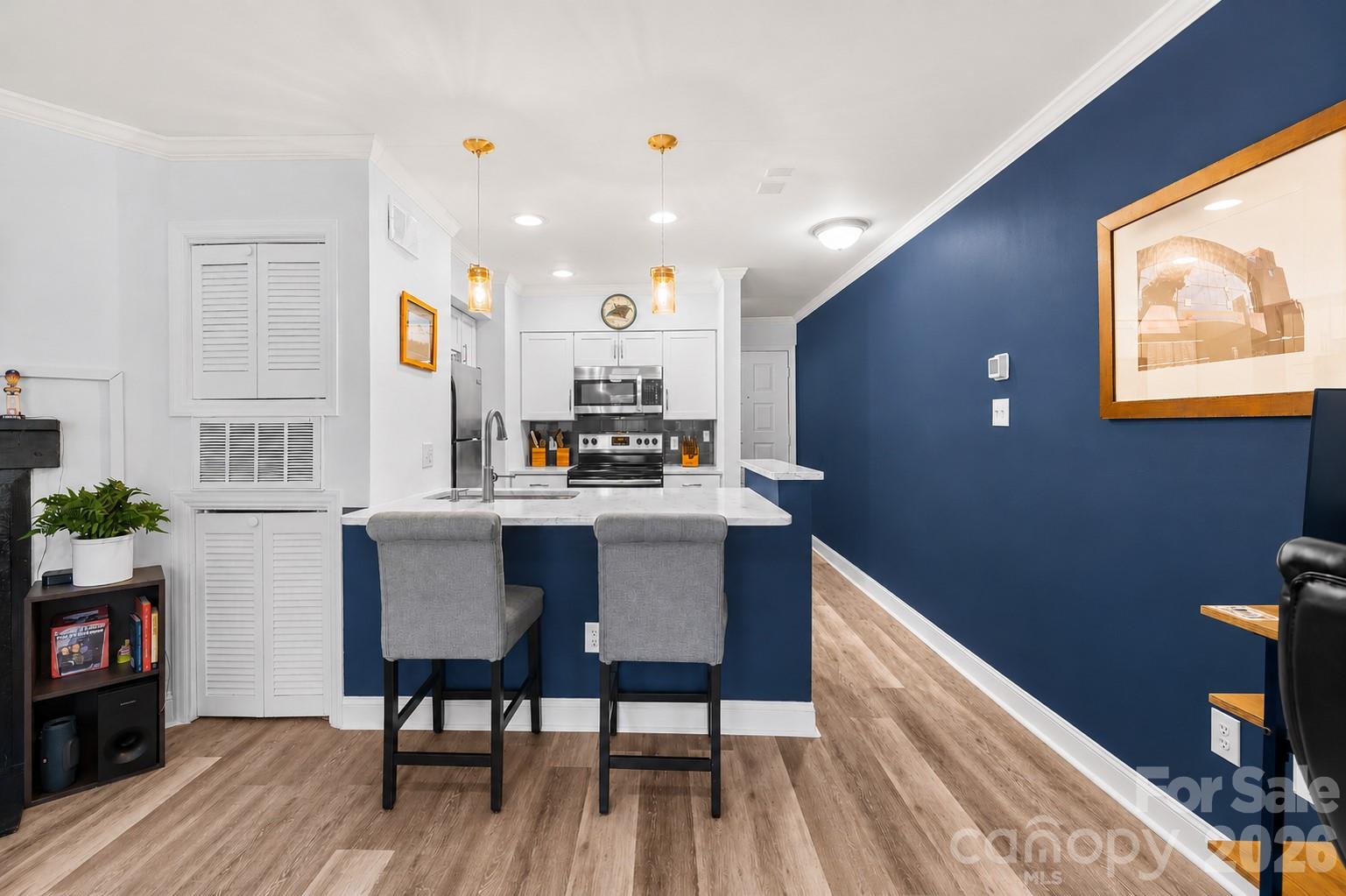 Tucked into Cedar Street Commons just moments from Uptown, this thoughtfully updated 1BR condo blends low-maintenance living with an inviting, modern feel. Inside, the open-concept layout flows effortlessly from the renovated kitchen featuring quartz-style counters, white cabinetry, stainless appliances, breakfast bar seating, and a bold accent island into the spacious living area with a wood-burning fireplace and oversized windows that bring in beautiful natural light. The bedroom offers a bright and comfortable retreat with dual windows and built-in storage, while the updated bath and in-unit laundry add everyday convenience. Step outside to a private patio surrounded by lush greenery and ivy-covered walls, creating a tucked-away outdoor escape rarely found this close to the city. Assigned parking, sidewalks, and easy access to Uptown dining, Panthers games, greenways, and entertainment complete the appeal of this move-in ready condo.