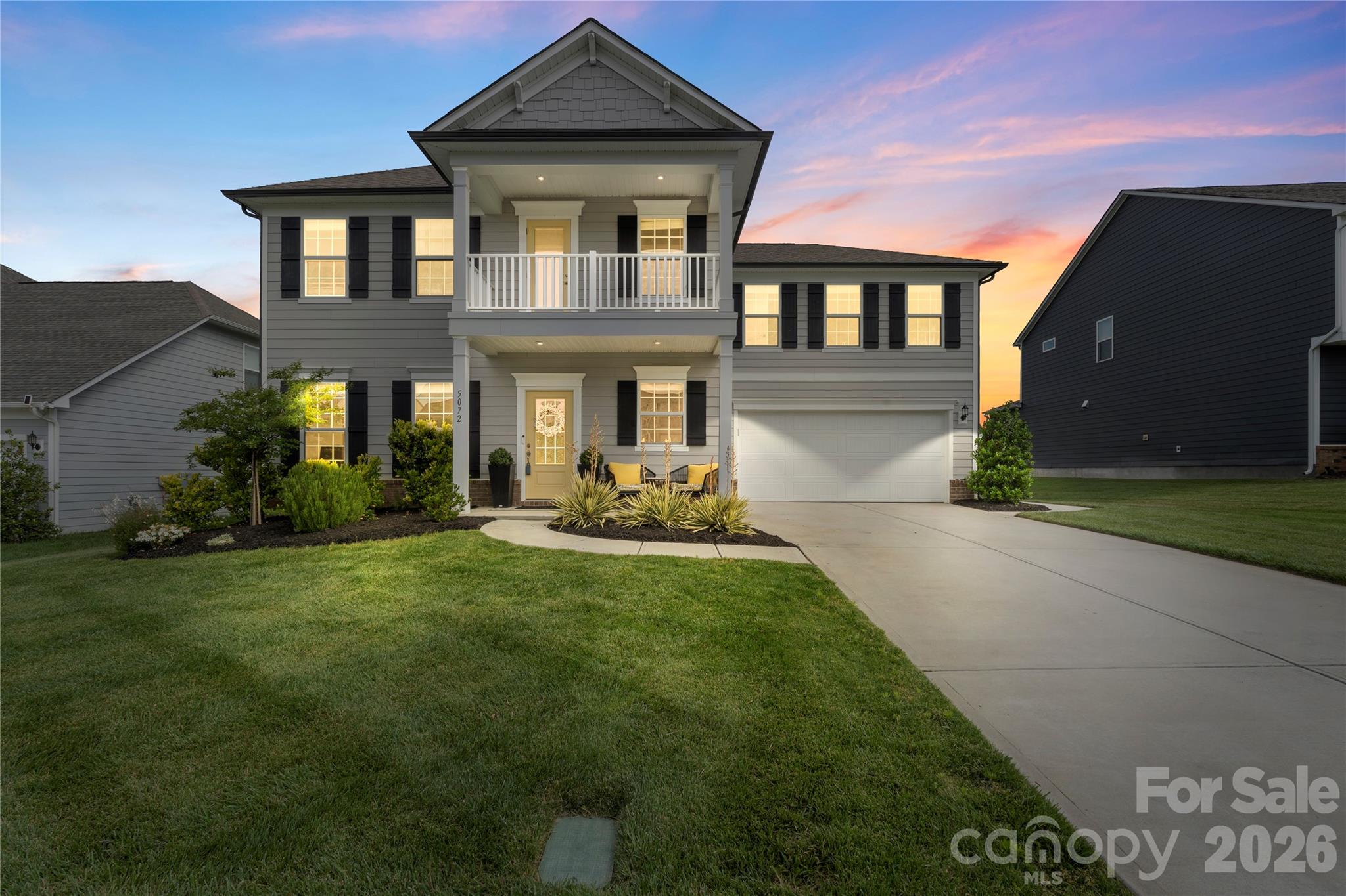 Stunning 2-story home built in 2021 offering 5 bedrooms and 3 full bathrooms with over 3,000 square feet of thoughtfully designed living space. The open floor plan features wood flooring throughout the main living areas, a spacious living room with gas fireplace, and a beautifully appointed kitchen with large island, walk-in pantry, gas cooktop, and abundant cabinetry. A main-level front sitting room doubles as a bedroom and includes a Murphy bed that conveys, offering ideal guest flexibility. Upstairs, the expansive primary suite is joined by three additional bedrooms, a loft, and convenient upper-level laundry. Enjoy outdoor living with covered front and rear porches, enclosed porch, balcony, and views of the retention pond. Additional highlights include in-ground irrigation, partial fencing, and an attached 4-car garage. Located in an amenity-rich community with clubhouse, pool, fitness center, dog park, playground, tennis courts, and more.