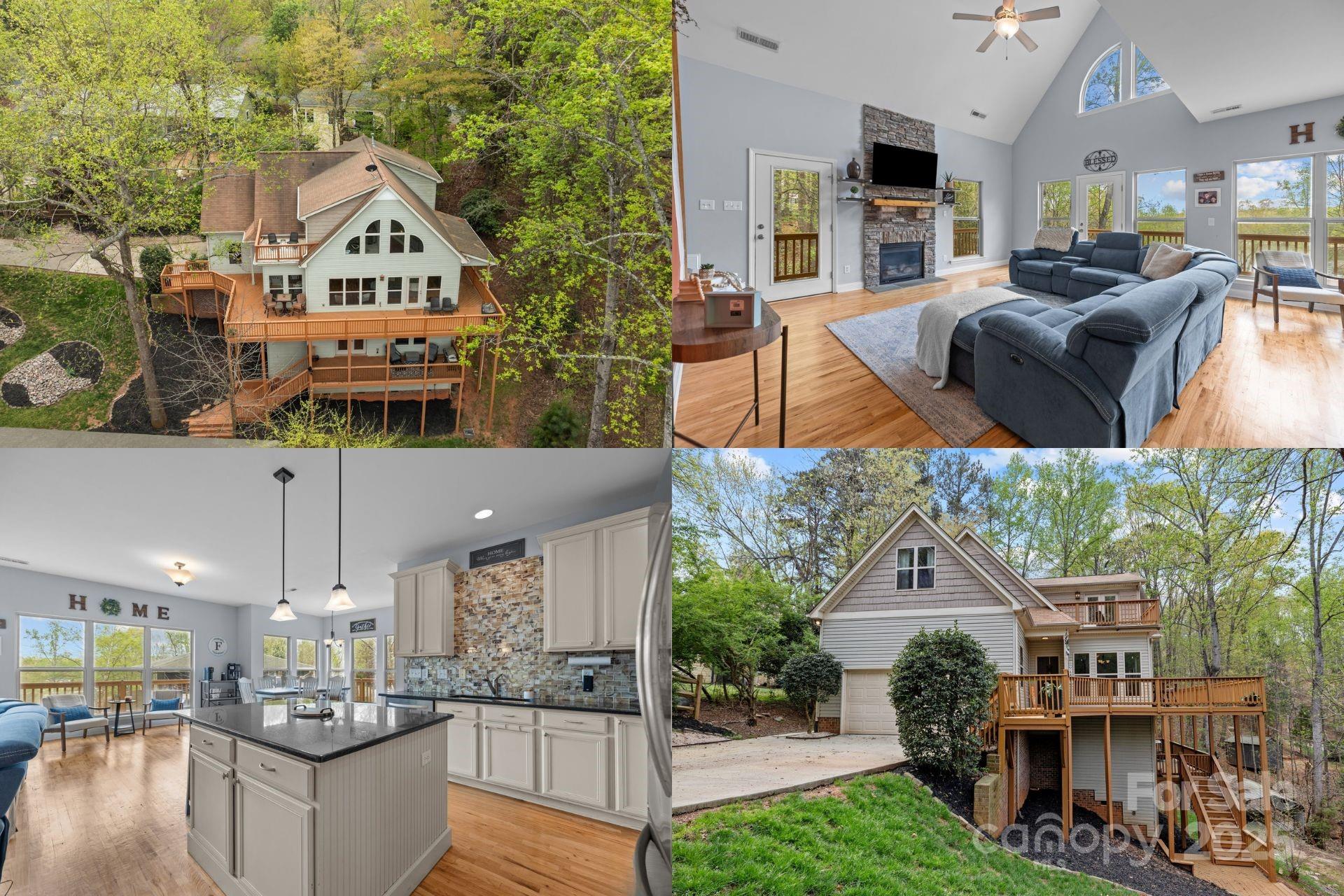 Stunning Lake Wylie Views! Perched among the treetops with breathtaking winter water views, this sun-drenched home offers a unique blend of serenity & adventure. Decks on every level, you’ll feel truly connected to nature. Main level with hardwood floors, updated kitchen, & family room with stacked-stone fireplace. 2 spacious bedrooms & full bath complete this floor. The primary offers a tranquil escape upstairs with a beautifully updated ensuite bath. Another bedroom with its own private bath & a light-filled office with a bird’s-eye view of the lake completes this level. Fully finished lower level walk-out offers incredible versatility, with a kitchenette, media room, stone fireplace, & rec space, bedroom & full bath. Steps from golf, marina, baseball fields, & Windjammer Beach + miles of walking trails, tennis courts, & community events + Award-winning Fort Mill schools & an assumable VA loan at just 2.25% - Your dream home by the lake awaits—schedule your showing today!