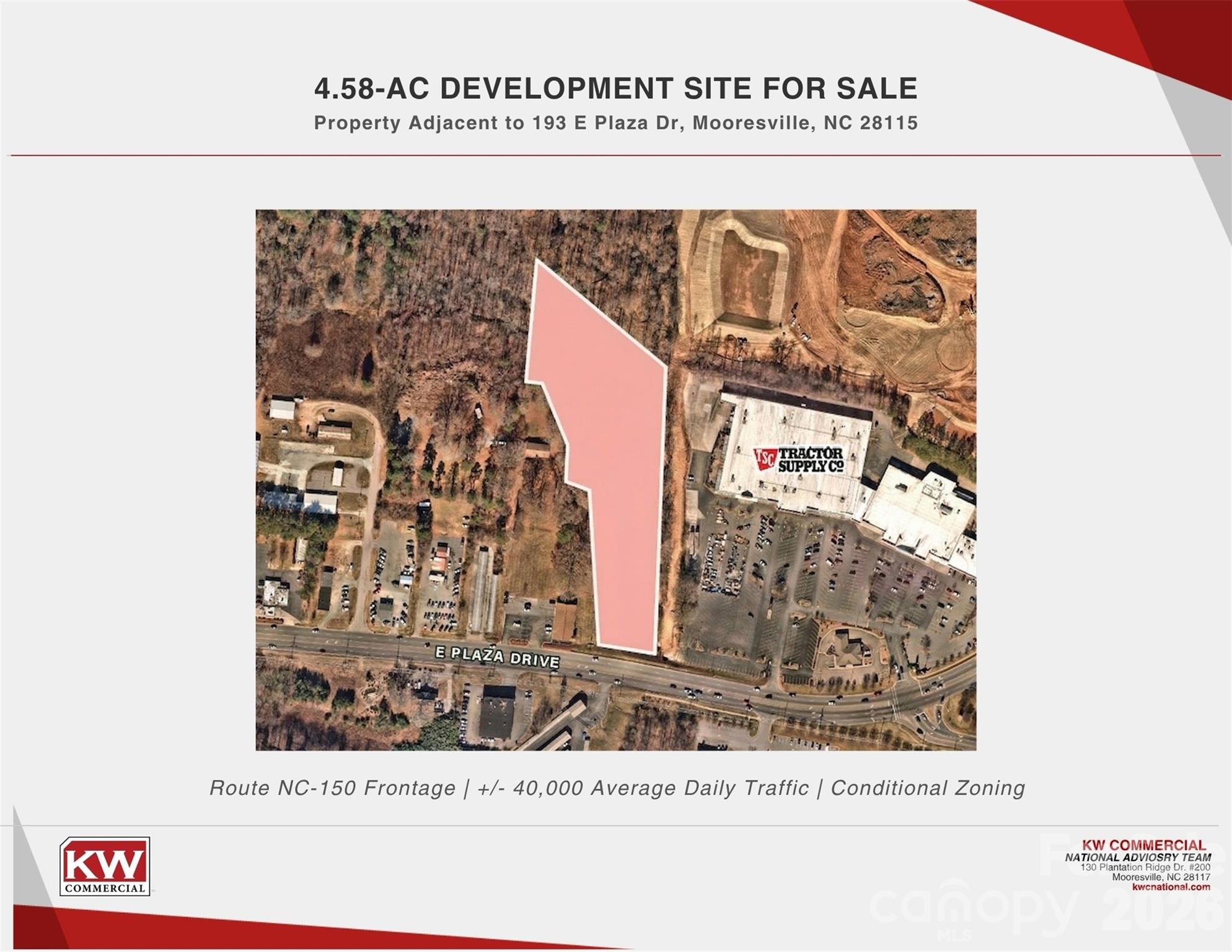 ±4.58-acre development site for sale in the heart of Mooresville’s expanding commercial corridor. Excellent visibility and frontage along E Plaza Drive with strong traffic counts. Conditional Zoning (CZ) in place. Surrounded by national retailers, service users, and active new development. Dense and affluent 5-mile demographics with strong household income and workforce presence. Strategic location approximately 25 miles north of Charlotte with convenient highway access. Positioned to benefit from continued residential, retail, and mixed-use growth in the area. Additional adjacent parcels available dependent upon offer, with over 10 acres of potential land to
develop.
