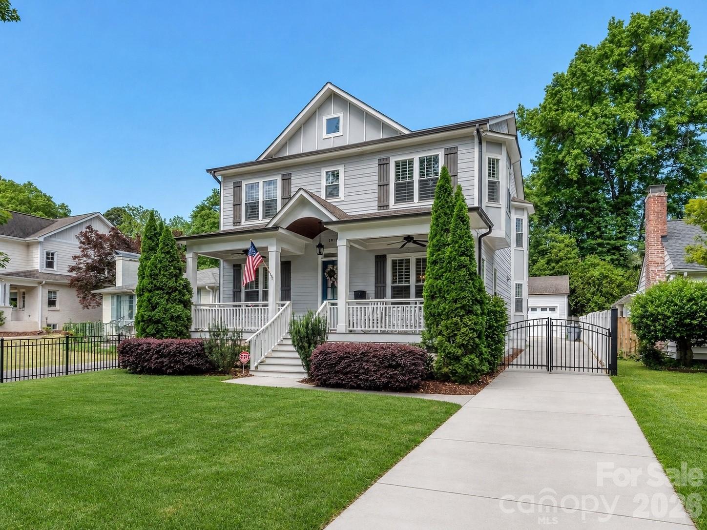 Exceptional home in the heart of Plaza Midwood, ideally located on one of the neighborhood’s most desirable streets. This beautifully updated 2015 Craftsman offers exceptional attention to detail throughout, including site-finished oak floors, plantation shutters, extensive crown molding, coffered ceilings, and elegant wainscoting in the dining room and stairwell.
The thoughtfully designed main level features a dedicated office with glass doors, formal dining room, and an inviting living space with custom built-ins and a ventless gas fireplace. The chef-inspired kitchen is a standout, complete with custom cabinetry to the ceiling, pull-out drawers, and an eat-in area—perfect for everyday living and entertaining. A custom bar and convenient drop zone add both style and functionality.
Upstairs, the spacious primary suite is accompanied by a secondary bedroom with en-suite bath, two additional bedrooms, and another full bath. All bedroom closets have been customized for optimal organization and storage.A generous laundry room with ample storage completes the second floor, along with attic storage both on the second level and above the garage.
Outdoor living is just as impressive, featuring a screened-in porch, paver patio with fire pit and low-maintenance turf grass in the backyard. The fully irrigated landscaping, including the turf area, ensures year-round curb appeal. Additional highlights include a remote-controlled gate to the backyard and garage, as well as front and rear exterior lighting.
This is a rare opportunity to own a move-in ready home in one of Charlotte’s most sought-after neighborhoods—don’t miss it!