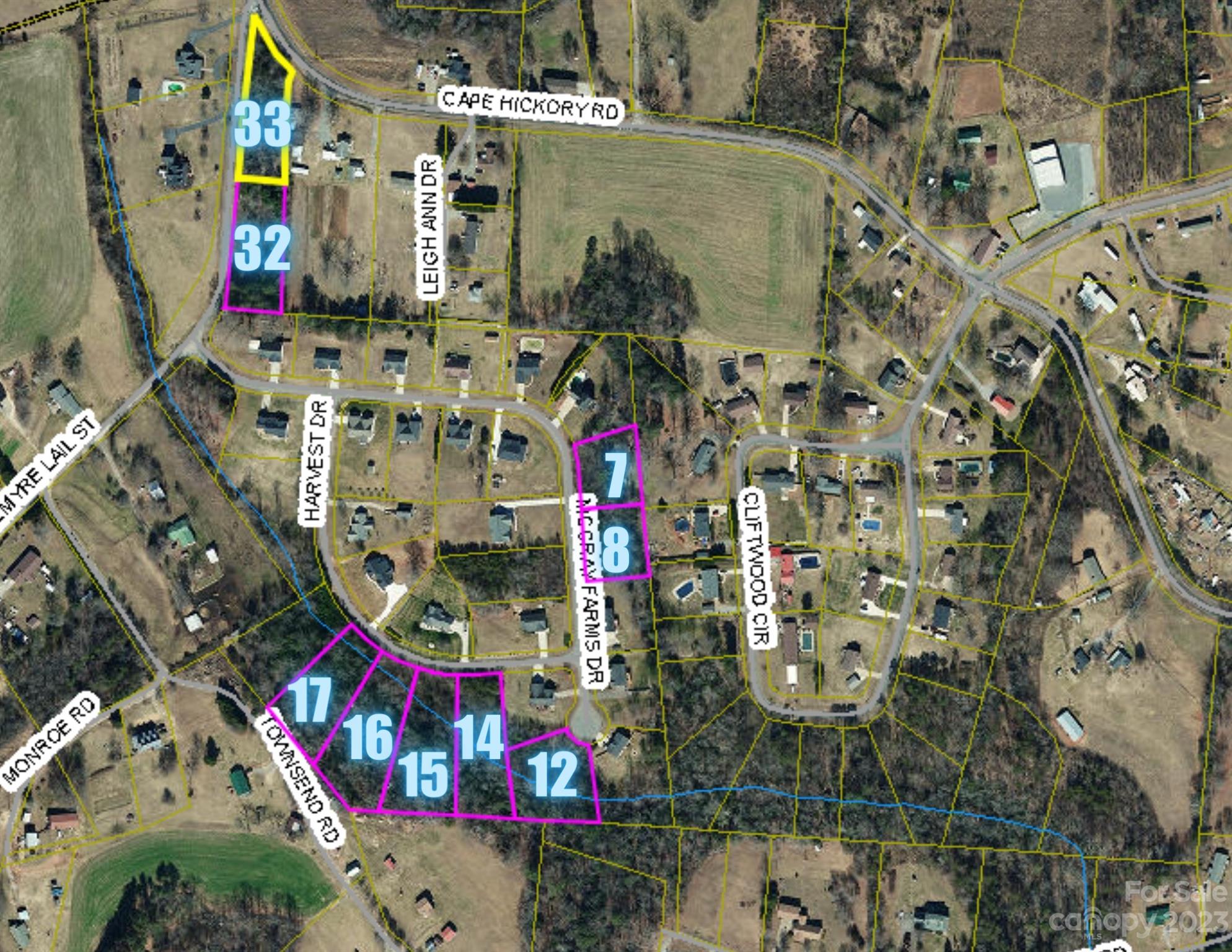 Please see the price sheet, plat, ariel and restrictions for the lots available in associated docs. McCray Farms located in Burke Co just across from George Hildebran School Rd.  Located in Burke County but a Hickory postal address.  All have under ground utilities including Duke Energy, Piedmont Natural Gas and Burke Co water.  All lots were pre perked when developed in 2006.  Water taps and boxes are installed on all lots and only require a capacity fee to install the meter base. All are priced close to tax value. Restrictions 1100 min one level home, 1200 min sq ft for one and 1/2 story residence and 1400 min sq ft for tow story residence. Please see the attached restrictions for more details.   Please see the plat for proposed house and driveway location on lots 15,16 and 17.