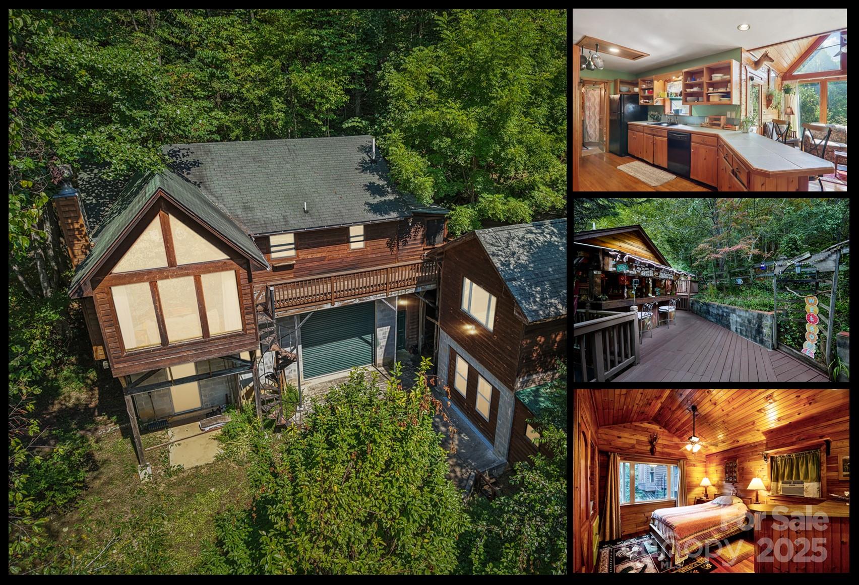 This versatile property offers endless possibilities—whether you envision a stylish set of rental units with extra storage, a full-time residence with an in-law suite, or a retreat with exceptional workshop and crafting spaces. The choice is yours. Multiple outdoor living areas, including an inviting bar, expansive decks, and separate living quarters, create a perfect setting for rental guests, family reunions, or gatherings with friends. Inside, warm woodwork with gypsum hardwood tongue-and-groove accents, timeless tile, vaulted ceilings, and gleaming hardwood floors set a welcoming, stylish tone. The spacious downstairs workshop—with oversized doors—is ideal for automotive projects, furniture refinishing, or any large-scale hobby. A second basement area offers additional storage or flexible hobby space. Among the terraced decks and landscaping, you’ll find a fenced garden, tool shed, (a chicken coop) and a gated dog run. . The estate-sized 5 acres include a cleared site for future development or dedicated space for projects and equipment. Plus, the subdivision offers a nearby lake access point for even more outdoor enjoyment. Just minutes from Bryson City and area attractions.