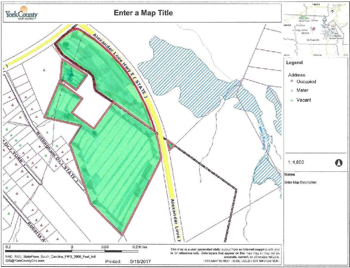 Take advantage of this Tract of Land with Tons of Road Frontage on Alexander- Love Hwy aka Hwy 5 By Pass in York, SC. This Acreage is compiled of 2 Parcels totaling Approximately 39 Acres. Zoned R-15 in the City Limits, and RD-1/RUD/RMX20 in the County. This Property can be used either Residential or Commercial and Opportunities are endless. Located Close to York Comprehensive High School and on the Corner of Hwy 5 By-Pass and Hwy 49. Validate usage with City and County.