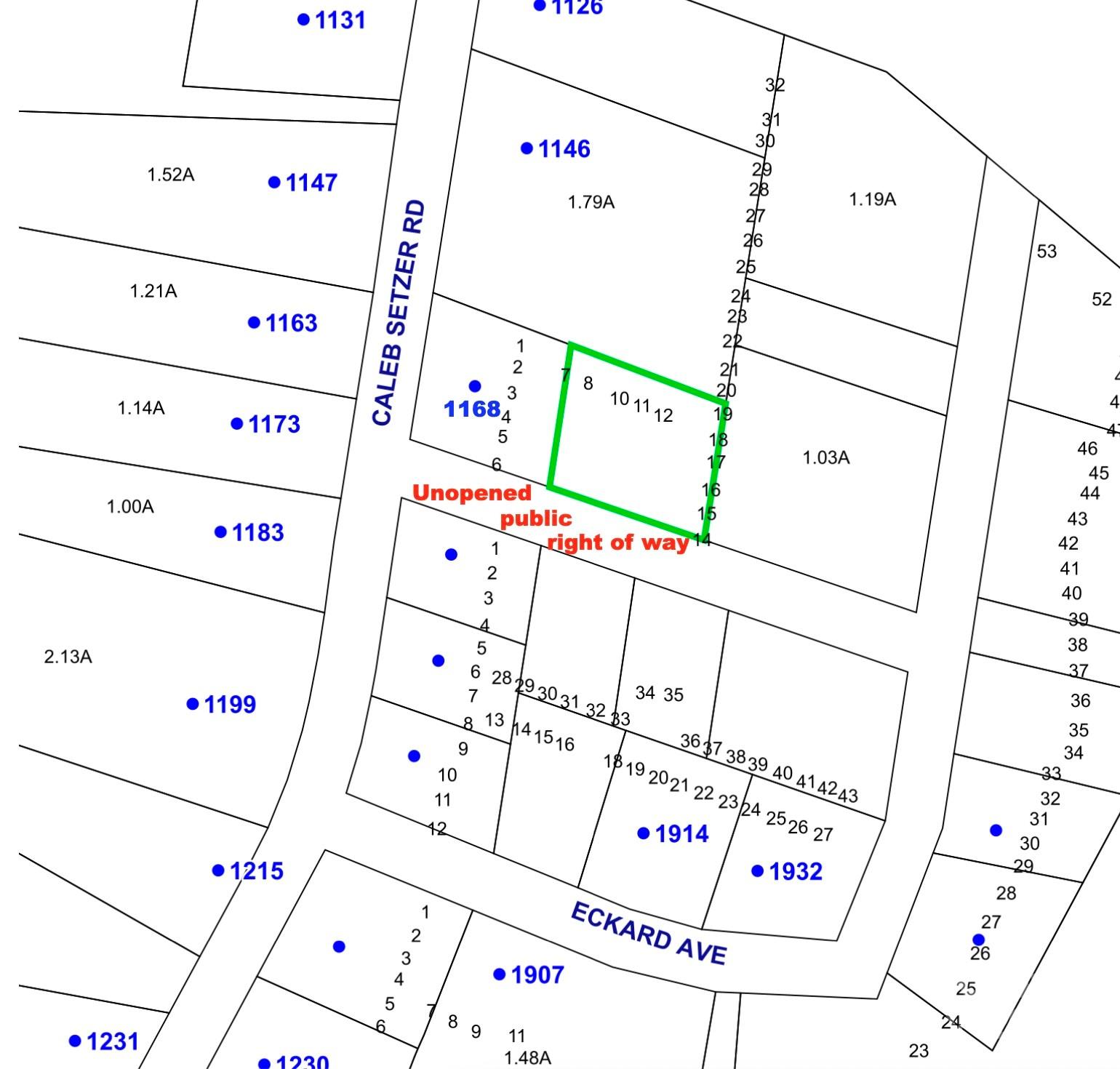 Tucked behind 1168 Caleb Setzer Rd, this 0.75± acre interior lot offers privacy and room to build. The parcel fronts an unopened platted public right-of-way—not a built road—keeping the homesite away from traffic while still providing platted access, per County. An existing detached garage on a concrete slab remains on site and previously had electrical service (now disconnected). Wooded, gently sloping topography offers several potential homesite locations. Buyer to verify access improvements, utilities, tap fee and suitability for intended use.