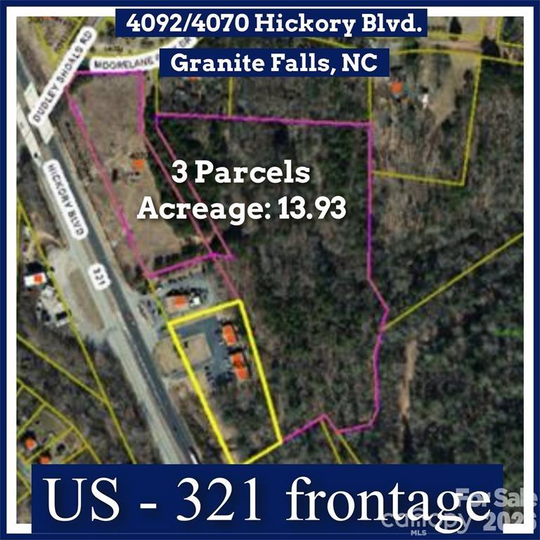 Buildings & Acreage on US - 321 (Hickory Boulevard) between Hickory and Lenoir, NC Parcels: 08-49-1-1, 08-49-1-2, 08-49-1-24 US-321 road frontage offers great visibility. Traffic count: 33,000 daily See photos of GIS aerial views. Also, US -321 widening project/contact DOT for details. Appointment required to walk land and to view buildings. Please do not disturb tenants.