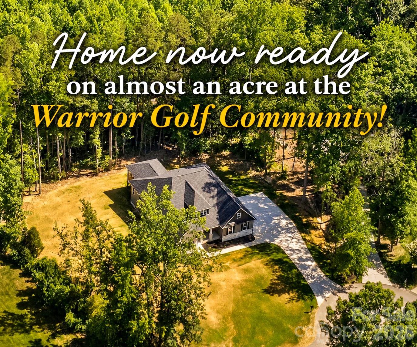 Home is all done & ready to show. Prestigious Warrior Golf Community! Exquisite custom one-story Craftsman/Farmhouse positioned on a private cul-de-sac with almost one acre, showcasing a refined open-concept design with exceptional architectural detail throughout—no cookie-cutter construction here. A welcoming rocking chair front porch sets the tone, while the expansive covered rear patio creates a serene, private outdoor retreat ideal for entertaining. Featuring 4 spacious bedrooms, a Bonus office or formal dining room, and 3 beautifully designed full baths. The gourmet chef’s Kitchen is a true centerpiece, featuring a stunning 10-ft quartz island, premium stainless appliances (including refrigerator), walk-in pantry, elegant backsplash, and an impressive serving bar with additional custom cabinetry. The inviting great room is enhanced by a tray ceiling, custom shiplap accent wall, and sleek electric fireplace. Notable upgrades include soaring 10-ft tray ceilings, and luxury LVP flooring throughout. Additional highlights include a two-car garage, extended double driveway, and a luxury laundry room with abundant cabinetry, utility sink, and dedicated space for an additional refrigerator or freezer. Walk in from the Garage with a dedicated drop zone bench perfect for backpacks and shoes. No HOA, No City Taxes, and energy efficient with Duke Energy plus new well and septic for lower monthly costs. Ideally located just minutes from Interstate 85, NC Highway 152, US Highway 29, and NC Highway 150, as well as Corriher Park and the Y with pool and fitness center. The front wing is thoughtfully designed & could function as a private guest or in-law suite. Located within a golf cart-friendly & walkable community. This home offers a rare blend of luxury, comfort, and lifestyle. Septic was designed to allow for a future pool site. You will not find a better home plan. Much of home is staged with some rooms virtually staged.