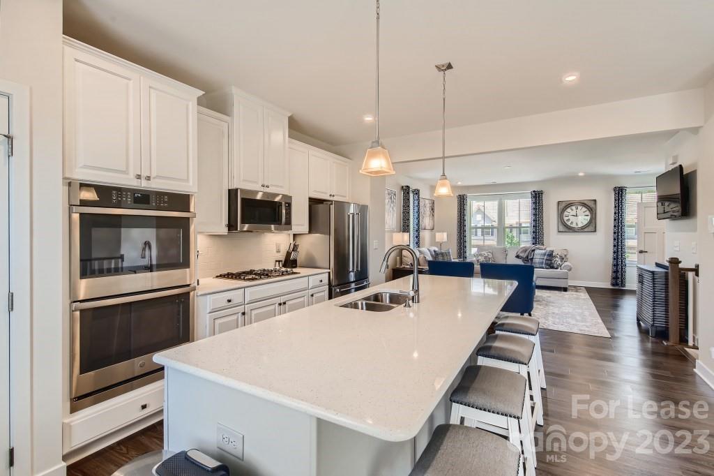Gorgeous End Unit townhome in a great Lake Front community! Available March 15! Quartz counters, elegant tile backsplash, pantry, island, and Stainless Steel appliances including a Gas Stove. Main level is spacious and open. Sunny dining space in the kitchen with sliding doors to deck. The Primary Bedroom is spacious and has a tray ceiling and large walk-in closet. The attached primary bathroom has a dual vanity and a gorgeous tile shower. Large rec room and huge storage room are just off the two car garage. Lawn care included! Fenced backyard. Waterfront at Langtree is all about Lake Norman Luxury Lifestyle and convenience! This lakefront neighborhood sits on Lake Norman. Enjoy walking to the covered picnic and recreation area with lakefront views. Conveniently located in Mooresville, off I-77, exit 31. The Langtree Lake Norman area is between downtown Davidson and Mooresville. This community is walkable to shopping, dining, and special events and is very close to highway I-77.