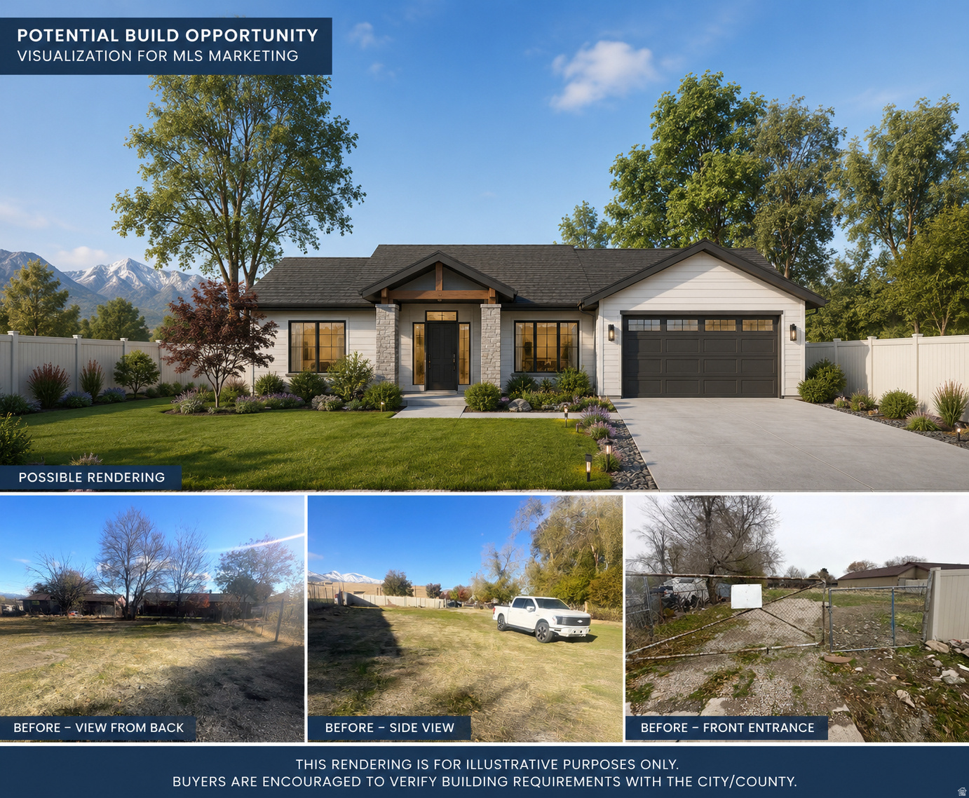 Build your dream home on this spacious .44-acre lot in Magna! Utilities are available on-site, helping simplify the building process. Conveniently located near Mountain View Corridor, with easy access to shopping, dining, schools, parks, and downtown Salt Lake City. With nearly half an acre, you'll have room to create the home, garage, workshop, or outdoor space you've always wanted. Great opportunity for builders, investors, or anyone looking for a larger homesite in a growing area. Conceptual rendering shown for marketing purposes only. Buyer is advised to obtain an independent measurement and verify all information. Information provided is deemed reliable but is not guaranteed. Buyer and Buyer's Agent to verify all zoning, acreage, utilities, building requirements, intended use, and all other information.