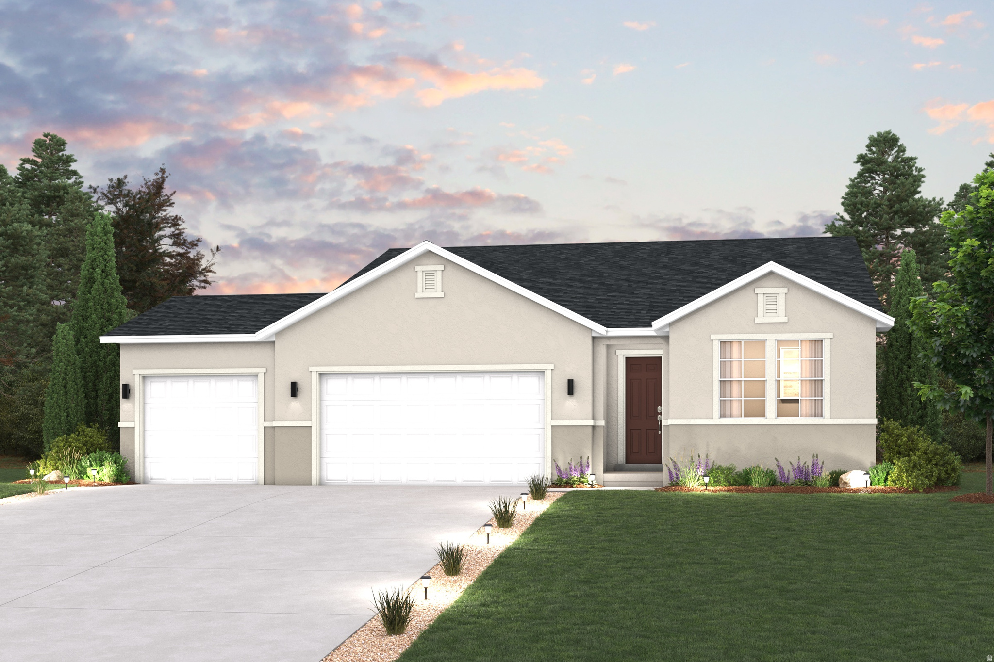 The Cumberland at Sunset Flats offers convenient single-level living with an open-concept layout designed for everyday comfort and entertaining. This north-facing rambler features a gourmet kitchen with quartz countertops, Cool Flagstone cabinets, Sea Glass LVP flooring, and a spacious island overlooking the dining and great room. A fireplace and covered deck add warmth and extra living space to enjoy year-round. The private owner's suite includes a walk-in closet, dual vanities, soaking tub, and walk-in shower. Three additional bedrooms provide flexibility for guests, family, or office space. An oversized third-bay garage offers extra room for storage, hobbies, or outdoor gear. Situated on a .25-acre homesite in Sunset Flats, this home includes 1,868 finished square feet with an unfinished basement offering room to grow. Estimated completion August 2026.