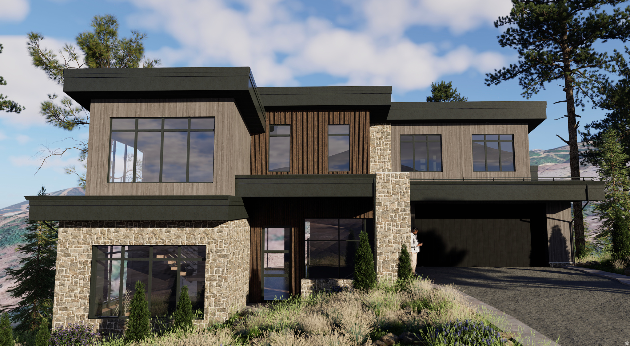 A striking modern mountain residence that seamlessly blends contemporary architecture with warm, and refined interiors curated by Debbie Barsh Interiors. Thoughtfully designed to capture expansive alpine views, the home features dramatic walls of glass, expansive terraces, and a bold exterior palette of natural stone, wood, and steel. Inside, the home showcases an elevated material palette including wood flooring, custom white oak cabinetry, slatted wood detailing, and statement natural stone surfaces. The chef's kitchen is anchored by a dramatic waterfall island and premium Wolf and Sub-Zero appliances, designed for both everyday living and entertaining. The primary suite offers a private retreat with a spa-inspired bath featuring a freestanding soaking tub, custom stone vanities, and bronze fixtures. Throughout the home, curated lighting, bespoke millwork, and thoughtful storage elevate every space. Located minutes from Deer Valley East Village, Jordanelle Reservoir, golf, and Park City's Historic Main Street, this exceptional Skyridge residence delivers modern design, luxury finishes, and year-round mountain living.