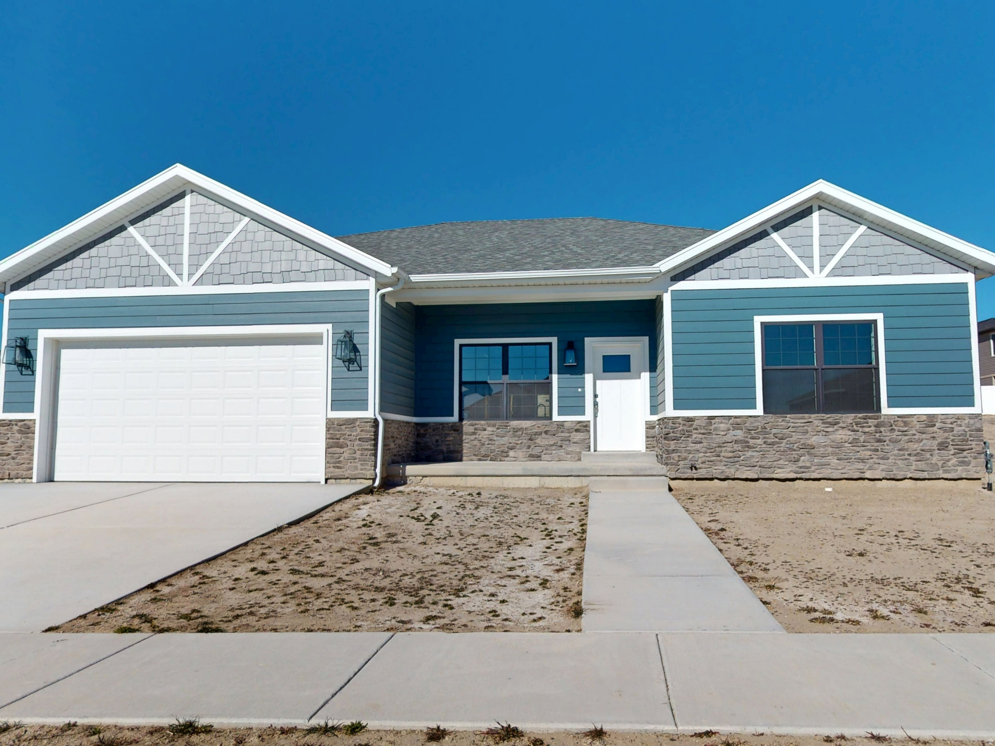 This modern new-construction home combines traditional charm with contemporary design, featuring a full basement and a sleek aesthetic highlighted by white, gray, and chrome fixtures. The interior offers three bedrooms, two bathrooms with double sinks, and a two-car garage. The chef's kitchen includes all-new G.E. stainless steel appliances, Corian countertops, and a farmhouse sink, along with a pantry, closet organizers, and a dedicated cabinet for your wastebasket. The master bedroom and dining room both open to a spacious back patio, ideal for outdoor entertaining. Additional features include plumbing for a water softener and garage outlets ready for electric vehicle charging, blending style, functionality, and modern convenience.