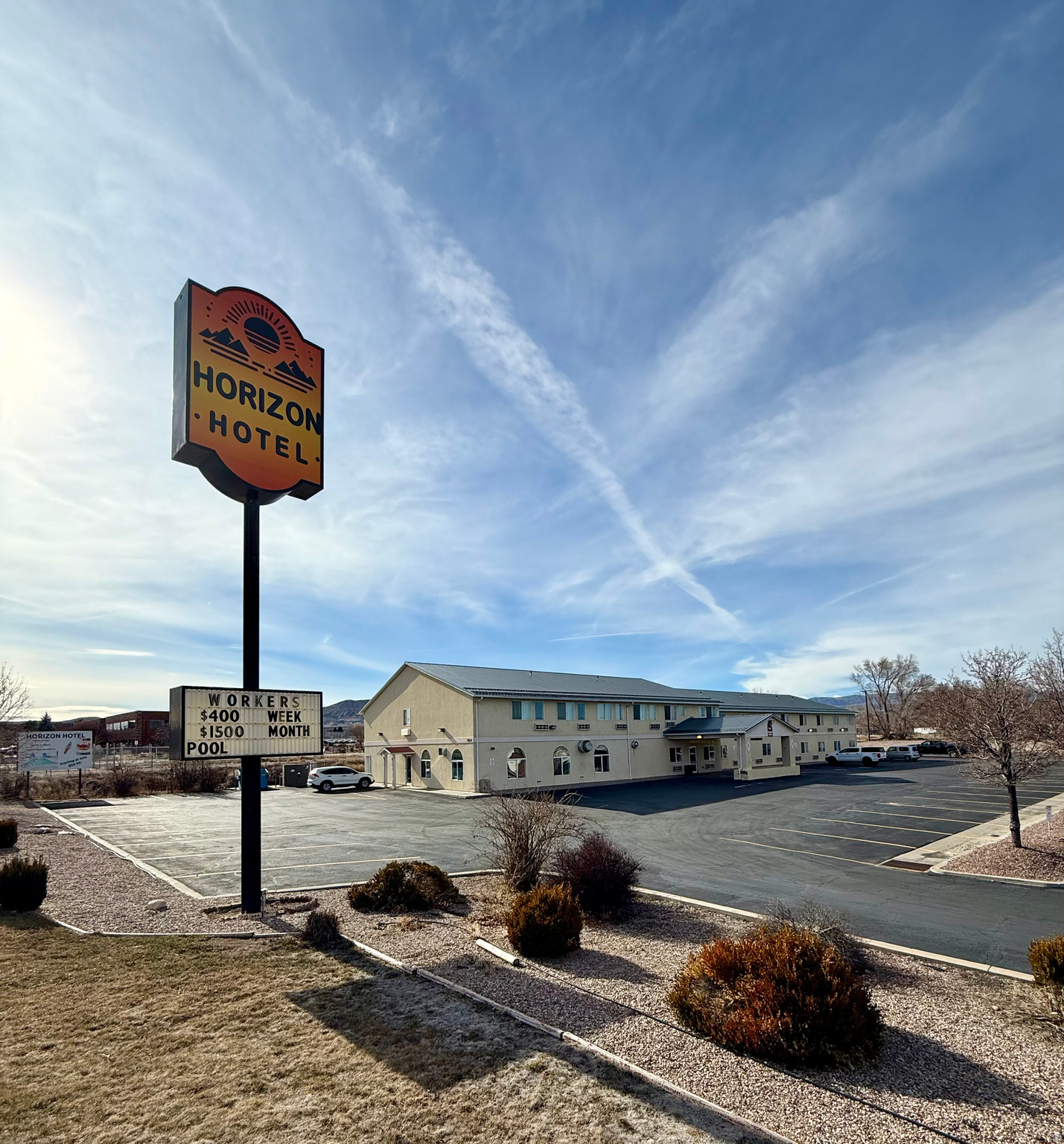 HORIZON HOTEL - Located on Main Street in Vernal this is a prime location for Recreation, Work trips and much more. Guest will find food close by, and relaxation in the Pool and Spa. It has a new metal roof installed just this year and a freshly resurfaced parking lot.  This prime investment opportunity has 43 Rooms. Here is the break down: king bed: 14, double queen: 23, handicap king: 1, handicap queen: 1, king bed suite: 2, queen two-bed suite: 1, studio apt: 1, 2-bedroom manager apartment, lobby, and breakfast area.   Zoned CP-1Vernal City. Agent must be present for all showings.