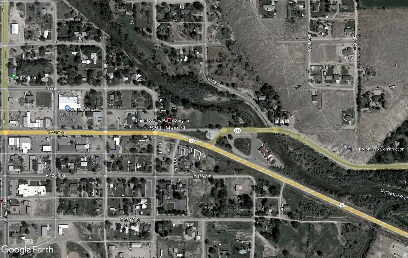 329 E MAIN ST Duchesne Nibley Utah 84021-7756     3 Parcels    (1)  Home:  4,739 sq.ft. 2.5 car garage spaces. Can be used as Income Property Triplex or Single Family. No H.O.A.  (2)  3.35 acre adjoining riverfront parcel with barn). Unlimited water available for 3.35 acre raw land for small hobby farm for minute monthly fee.  If used as Triplex for income: Unit 1: Original Home, 2bed/1bath, Dining, Kitchen, and Laundry. Approx. 1100 sq. ft.  Unit 2: 1 bedroom, 1 bath, plus massive family room. Approx. 1,800 sq. ft.  Unit 3: 2 Bed/1Bath, Full kitchen, Approximately 1,839 sq.ft. .  (3)  trailer park, Located at 50 N. 500 E., Duchesne.   The entire property is on the Duchesne River.