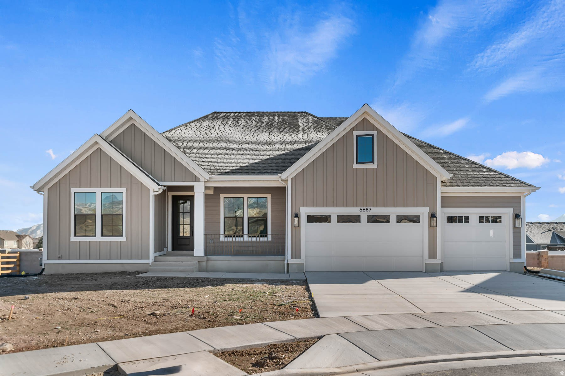 This stunning Creighton Farmhouse is located in a great master planned community near parks, schools, shopping and more! The inside showcases a chef's kitchen with white maple cabinets with LED lighting, quartz countertops, full-height tile backsplash and stainless steel Caf gas appliances with double ovens. Also highlighted is a box window and atrium door in the nook, blending style with functionality. The home offers laminate hardwood, tile, and carpet flooring for a durable finish, while structural features include 3-car garage, an upstairs loft, 9-foot basement foundation walls, a walk-up basement, and finished basement space for additional space. Also included you will find can lighting, Christmas light outlets, gas line to BBQ & dryer, and a radon ventilation system. Elegant upgrades such as French doors to the living room, tile surrounds in bathrooms, black matte hardware, loft base & casing, and textured walls with 2-tone paint give the home a refined, timeless appeal. You do not want to miss out on this home!