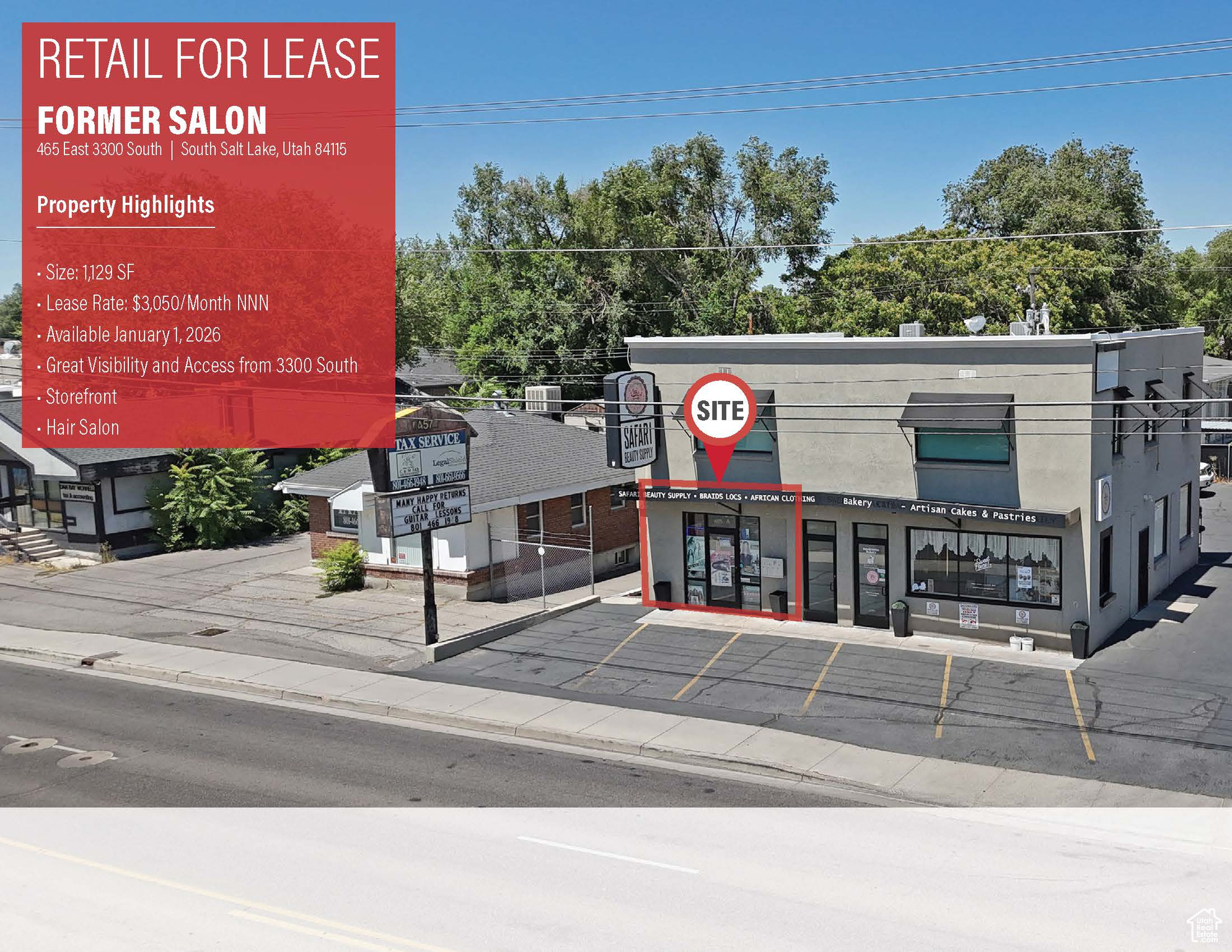 Retail Space for Lease  Former Salon 465 East 3300 South, South Salt Lake, UT 84115  - 1,129 SF retail storefront - Excellent frontage and visibility on 3300 South - 35,000+ cars per day (high traffic counts) - Lease Rate: $3,050/Month NNN - Available January 1, 2026 - Strong surrounding demographics and daytime population - Ideal for salon, retail, or service uses  For more details, reach out to leasing agents!  Square footage figures are provided as a courtesy estimate only.  Tenant is advised to obtain an independent measurement.