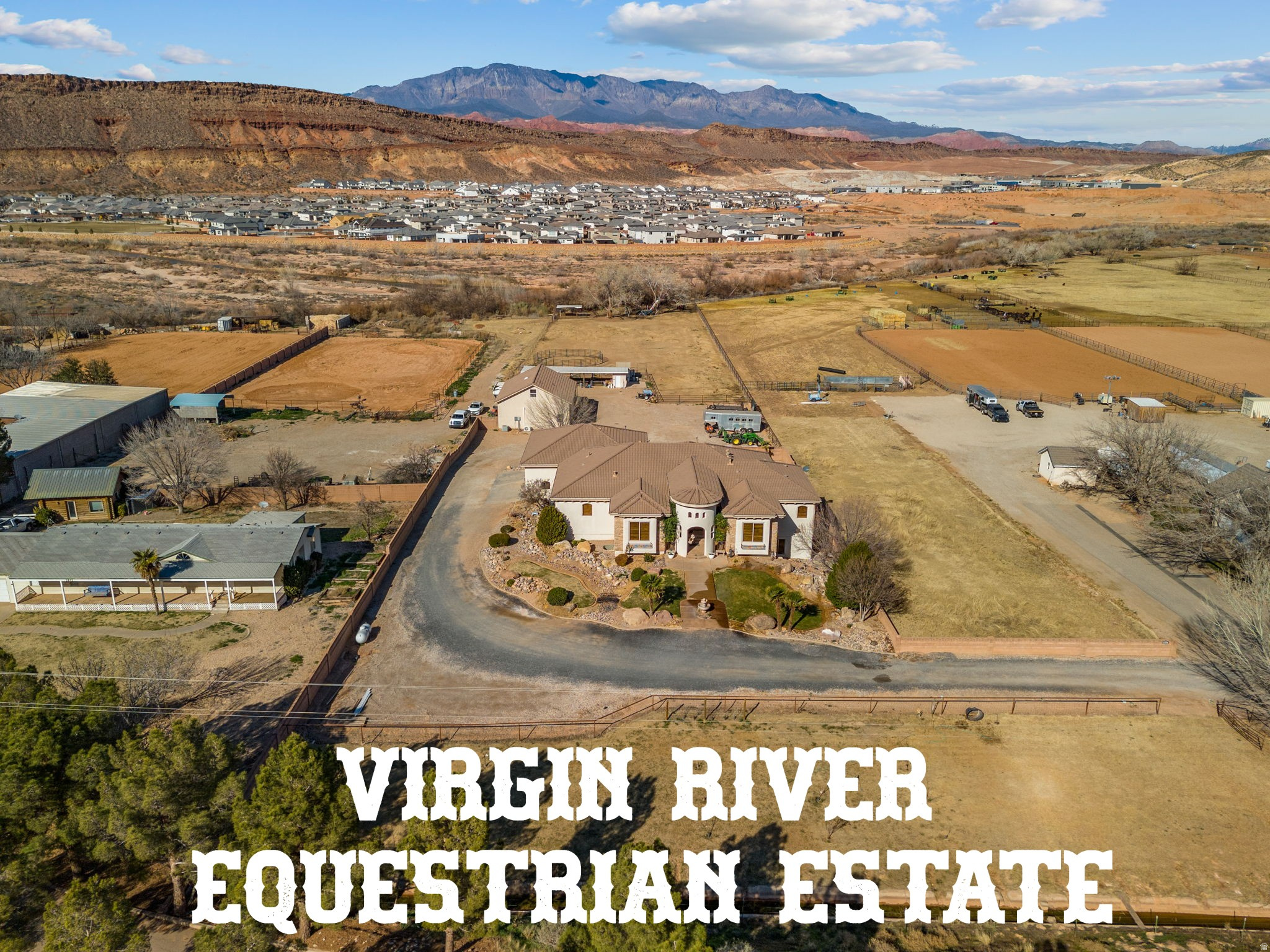 our very own PRIVATE Virgin River Equestrian Estate on 2 ACRES with all your DREAM FEATURES, stunning VIEWS and the ultimate OUTDOOR LIVING. This fine LUXURY CRAFTED home is finished with engineered hardwood and travertine flooring throughout. The Main WALK-OUT BASEMENT Home is 5,800 sq. ft. w/ 6 bedrooms, 4 full bathrooms, & 2 half bathrooms & 2 large gathering areas. The Primary Owner Suite is on the MAIN LEVEL and the 2nd OWNER SUITE is in the basement. The spacious kitchen has 2 COPPER SINKS, Built-in APPLIANCES and GIANT HIDDEN PANTRY. The basement has a FULL 2nd KITCHEN, private THEATER with all the equipment, a 2nd LAUNDRY Room & several storage rooms. The detached GUEST QUARTERS / ADU is 600+ Sq. Ft. and comes with 1 Bedroom, 1 Bathroom, laundry area and full kitchen.  The RV GARAGE is insulated with a mini-split system and includes a car lift. Total garage space is 2305 Sq. Ft., so tons of parking for cars, trailers and toys. This estate is ideal for hobby farm and very animal friendly w/ horse corrals, tack shed, and pastor w/ access to the Virgin River. The BACKYARD OASIS includes a pristine SWIMMING POOL, hot tub, playground, full bathroom and BUILT-IN BBQ. 3,000 sq. ft. of COVERED PATIO space for beautiful views of Pinevalley Mountain, Virgin River and the Red Rock Candy Cliffs.