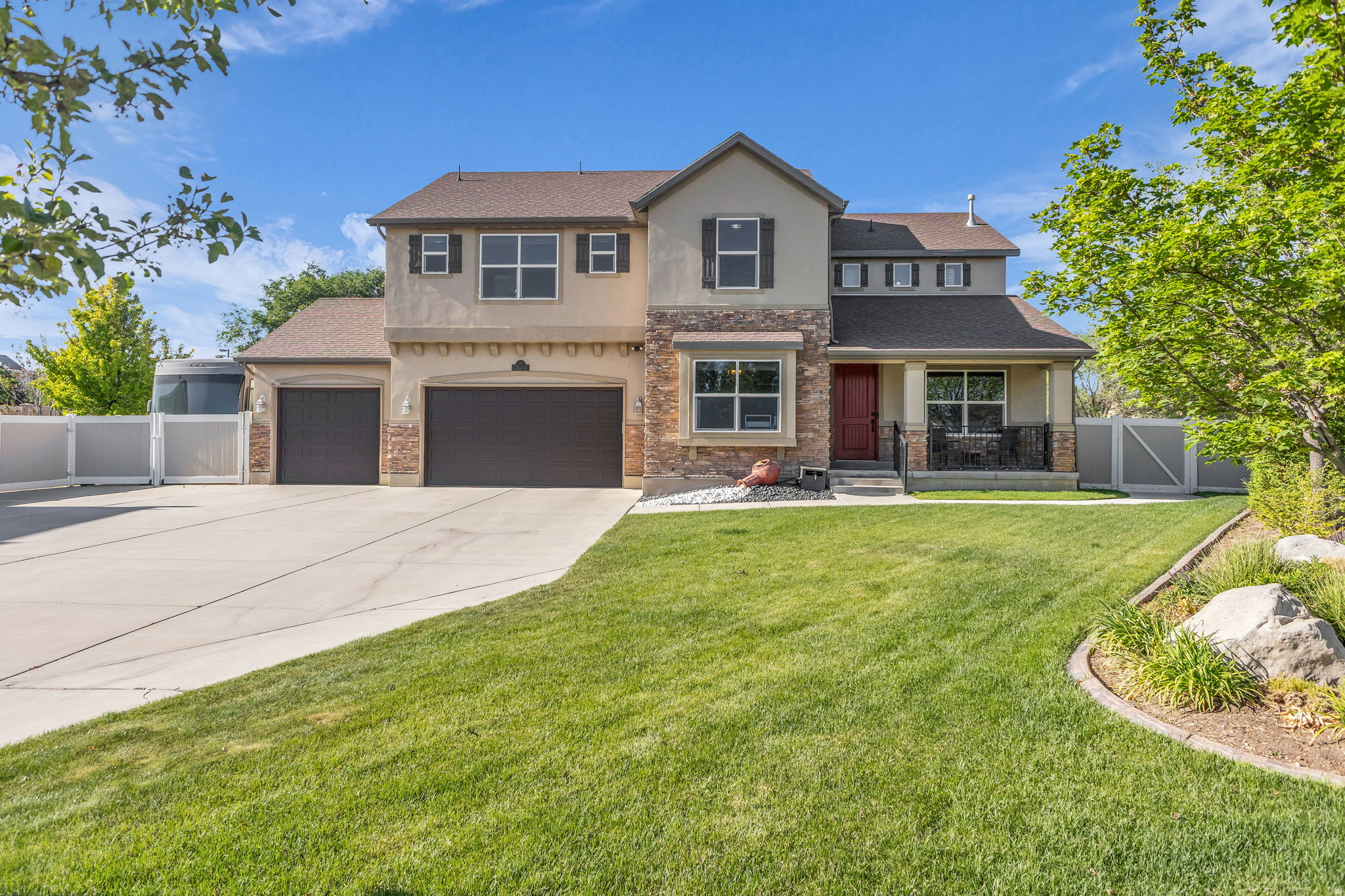 Nestled on a large lot in a quiet cul-de-sac, this home offers an exceptional blend of luxury, functionality, and investment potential. Designed for those who love outdoor living, the backyard features a hot tub with new cover, a pergola with a natural gas fire pit, a covered patio, and a beautifully manicured private yard with permanent LED exterior lighting. Toy and RV enthusiasts will appreciate the extra-long RV pad and on-site RV dump station. Inside, the kitchen impresses with quality appliances and stylish finishes, flowing into a vaulted family room filled with natural light, perfect for entertaining. The master suite boasts vaulted ceilings, a separate tub and shower, and a spacious walk-in closet. Additional highlights include new garage doors and a home reverse osmosis water filtration system. The recently finished basement apartment with its own private entrance offers immediate income potential or flexible multi-generational living. This is the complete package - inside and out.