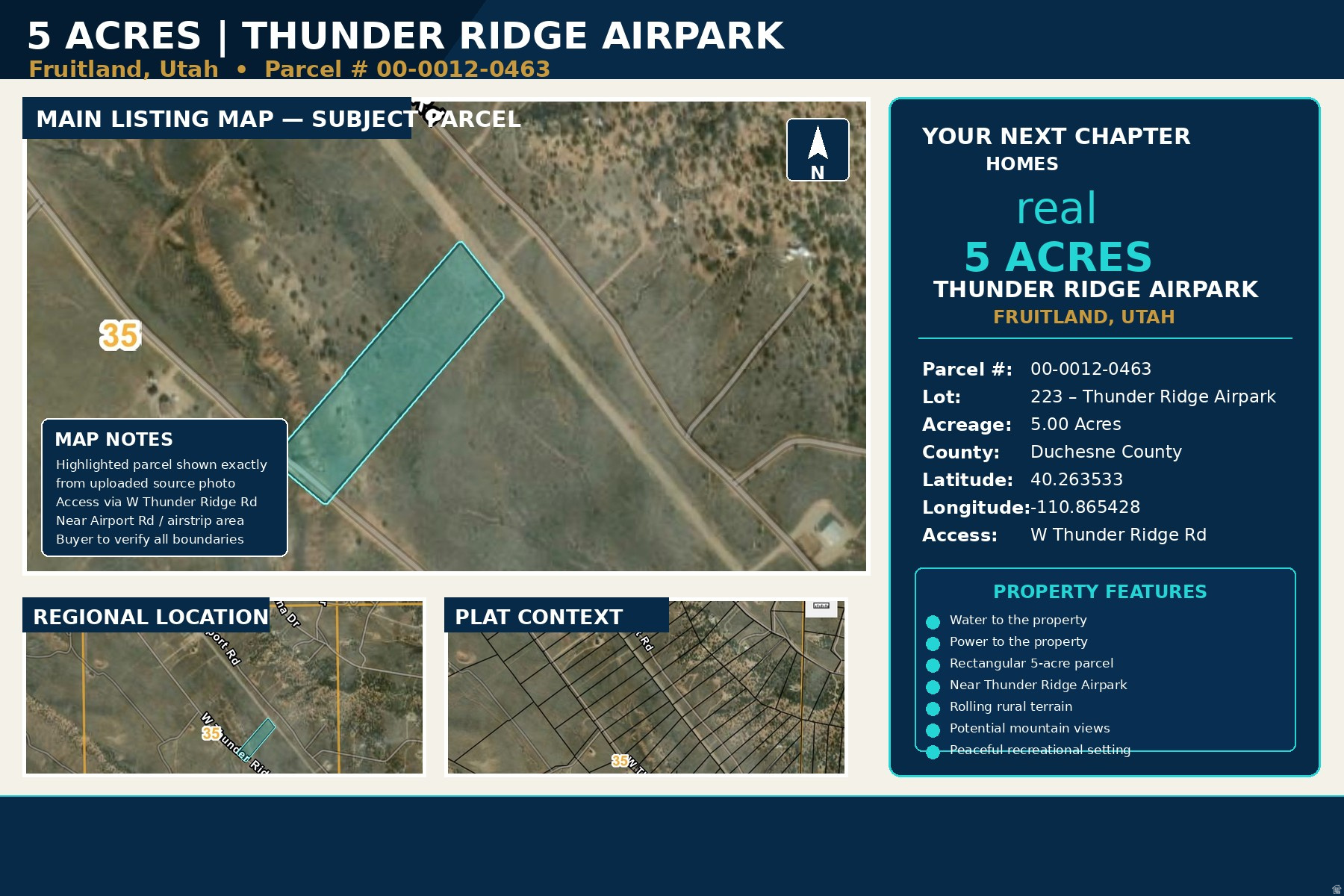 Escape to 5 acres at Thunder Ridge Airpark in Fruitland, Utah -- where adventure, aviation, and mountain living come together. This exceptional property offers direct runway access, creating a rare opportunity for pilots, outdoor enthusiasts, and those seeking wide-open space and serenity. Power and water are already connected, making it ready for your dream cabin, full-time residence, private hangar, or a weekend retreat. Enjoy breathtaking mountain, valley, and red rock views, peaceful star-filled skies, and year-round access with HOA-maintained roads and snow removal. Community amenities include a large shaded gazebo, basketball court, volleyball court, horseshoes, paved runway access, underground power, high-speed DSL internet, hunting privileges, and common garbage bins for full-time living possibilities. Located just minutes from Red Creek Reservoir and less than 30 minutes from Strawberry Reservoir, Current Creek, and endless public BLM lands for ATV riding, boating, fishing, hiking, horseback riding, snowmobiling, and camping.