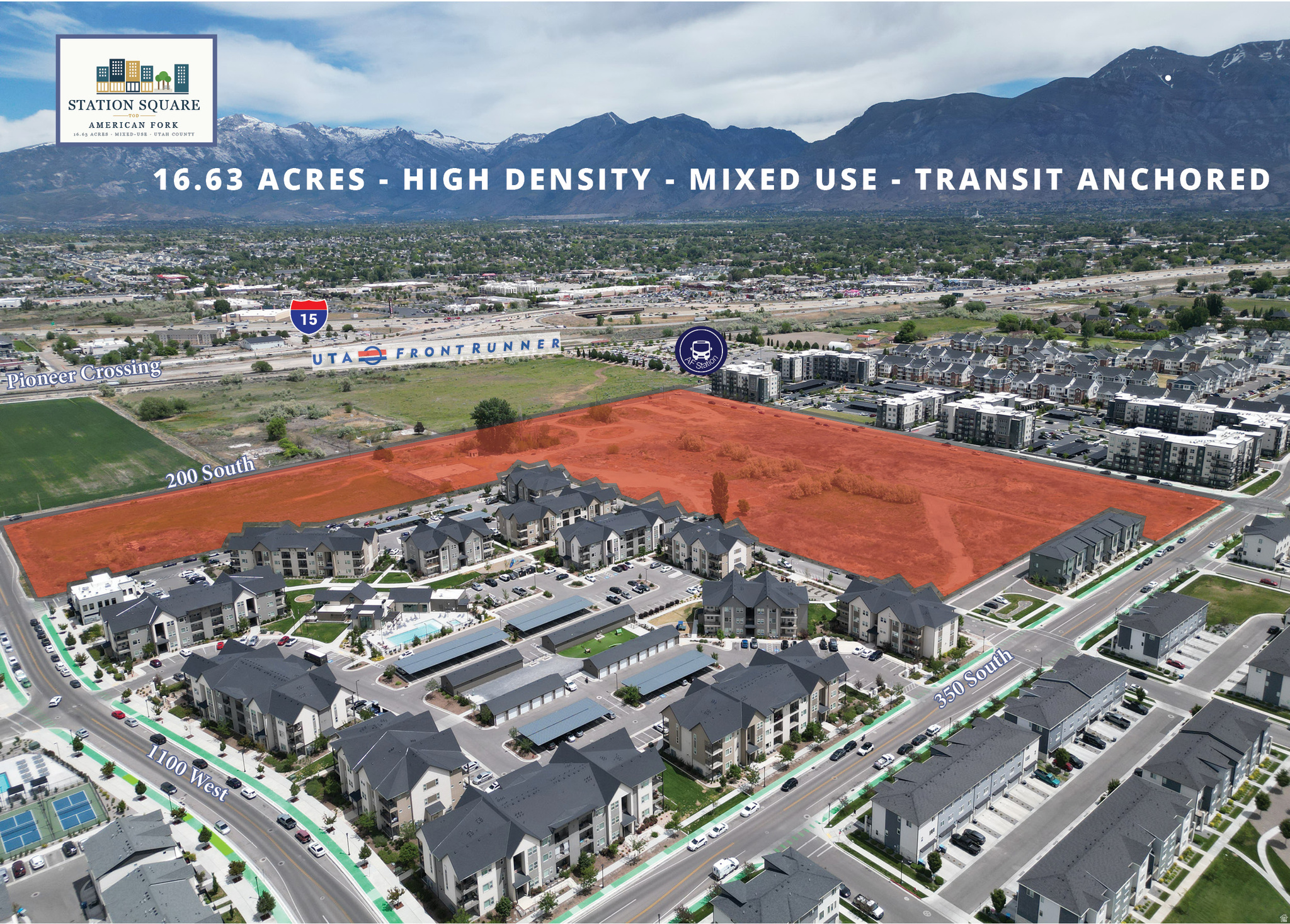 Once-in-a-lifetime Transit-Oriented Development opportunity at the American Fork FrontRunner station. This 16.63-acre, parcel sits near the commuter rail. The entire site falls within the Transit Core  Mixed Use Core (MU-C) sub-district, which mandates a minimum of 55 dwelling units per gross acre and unlocks up to 65 DU/acre. Structures may be up to ten stories with 1,080 units. It fronts 200 South, the district's principal MU-C corridor. This property is already zoned with utilities in the street. This as a true large-format development play in one of Utah County's fastest-growing transit nodes.