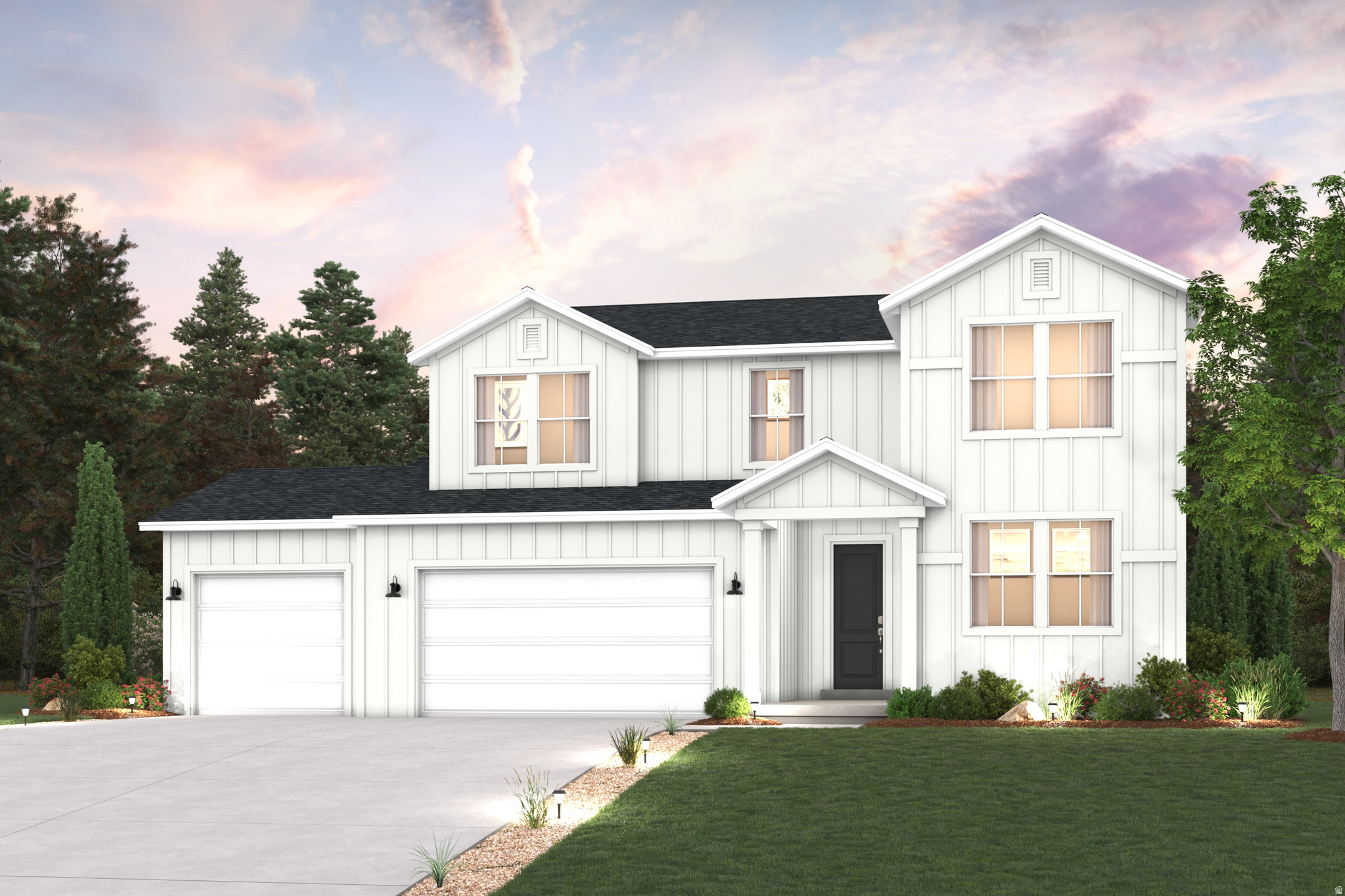 The Raybun floor plan delivers spacious two-story living with thoughtfully designed gathering spaces and elevated finishes throughout. The open main level features a gourmet kitchen, cozy fireplace, and inviting sunroom that fills the home with natural light, while the open railing adds a modern architectural touch. Finished in the Dolce design package, this home showcases white cabinetry, quartz countertops, and Lighthouse LVP flooring for a bright, timeless look. With 5 bedrooms, 3 bathrooms, 2,682 finished square feet, and 3,927 total square feet, this home offers plenty of space for growing households, guests, or flexible living. Situated on a north-facing quarter-acre homesite with a four-car garage, the Raybun combines style, comfort, and functionality in one exceptional home.