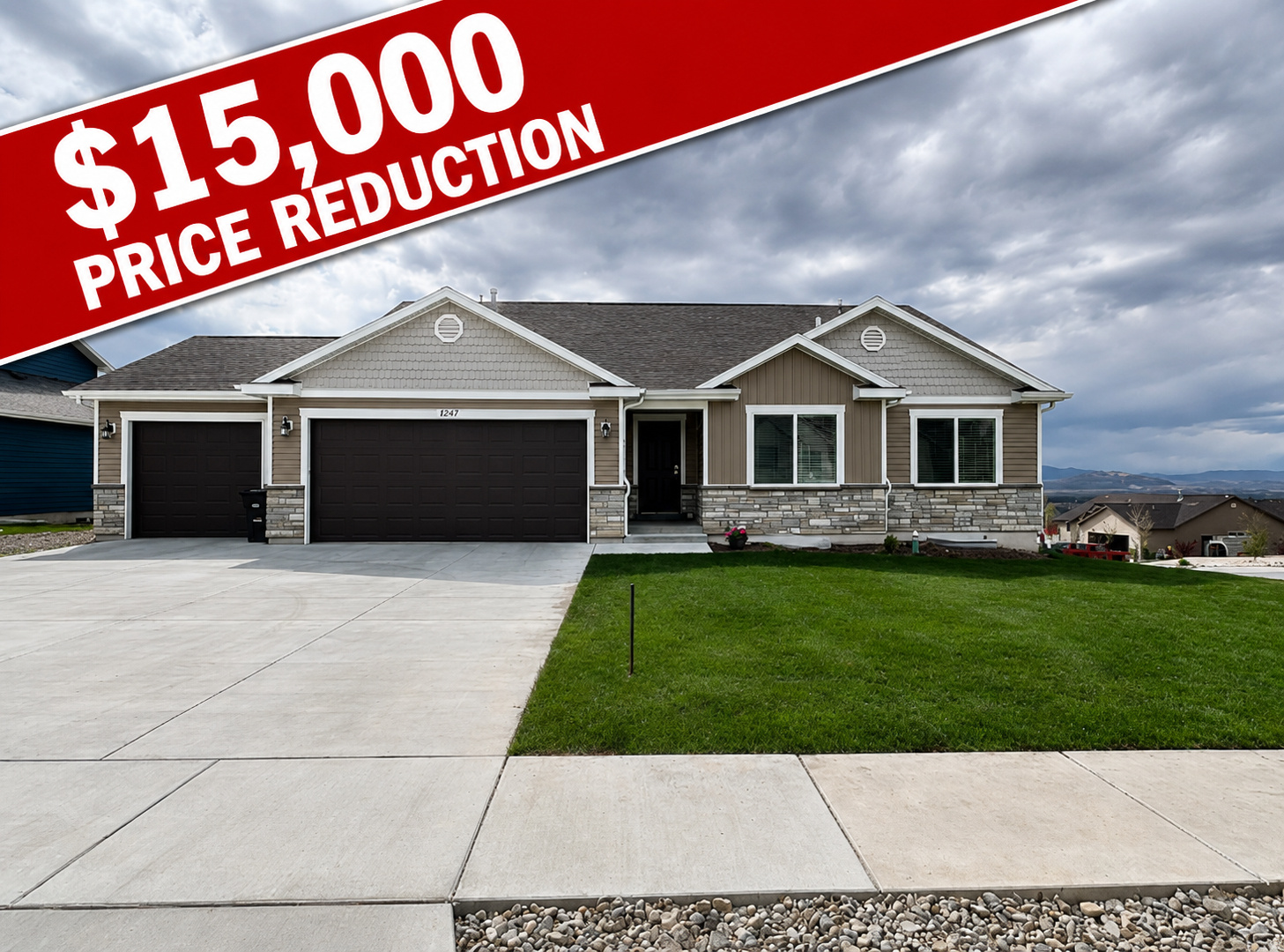 Huge Price Reduction!!  Beautiful east bench home offering breathtaking valley views and stunning sunsets from the spacious covered deck. The welcoming front porch showcases magnificent mountain views, creating a peaceful outdoor retreat. Inside, you'll find an open-concept layout with 3 bedrooms and 3 bathrooms on the main level, designed for both comfort and functionality.  The oversized 3-car garage is well-equipped with an EV charging outlet, utility sink, water softener, and convenient USB outlets. Thoughtful upgrades throughout the home include soundproof walls between bedrooms and between the primary suite and living room for added privacy.  The unfinished basement provides excellent potential for future expansion, already stubbed with gas lines for a range and laundry, along with plumbing for bathrooms and additional living space. Additional features include CAT6 wiring throughout, reinforced high-mounted TV outlets in the primary bedroom and living room, built-in stair lighting, and heat cables on the roof and in the garage with a dedicated circuit. The backyard is fully lit for evening enjoyment, and a cold storage room offers valuable extra space. Both the stove and dryer are plumbed for gas and electric, providing added flexibility.  Square footage figures are provided as a courtesy estimate only and were obtained from county records. Buyer is advised to obtain an independent measurement.