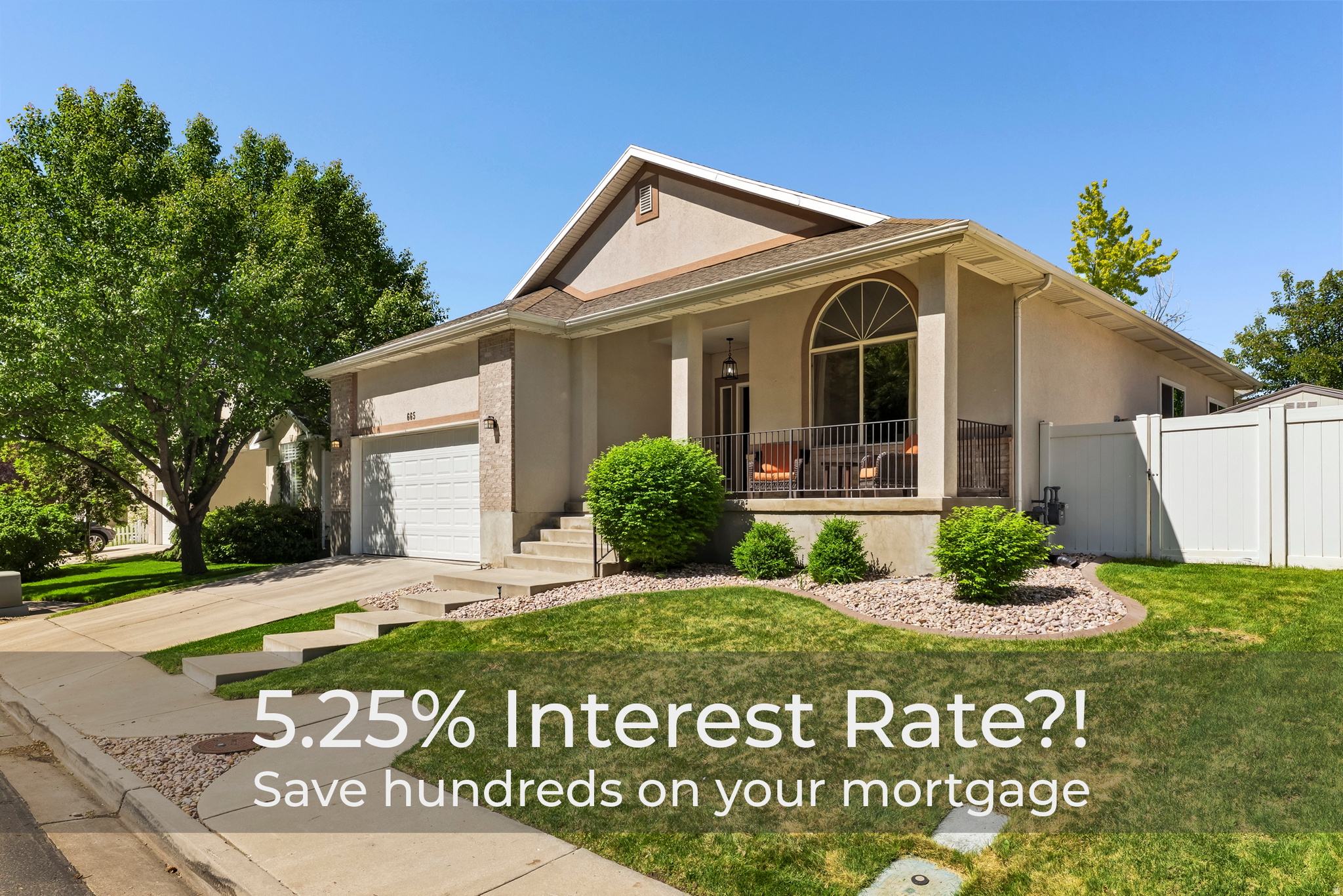 Save hundreds a month with a 5.25% interest rate on this home! Call me for details!  Pop outside this rambler and you're already on the Riverwalk trail leading to American Fork Canyon. Art Dye Park borders the neighborhood, Mt. Timpanogos Temple sits just up the road, and across the street is nothing but trees, a walking path, and a creek. No neighbors facing your front porch - just the kind of quiet that's hard to find this close to Costco, Home Depot, and a solid stretch of shopping and dining. The home is almost 3,200 square feet and BREATHES like it-- Vaulted ceilings, well-placed windows, and natural light throughout. The kitchen and primary bath have both been updated - the primary shower is double-headed with plenty of space to party :). Downstairs is a large open basement with room for a theater, billiards, ping pong, or just space to spread out. Storage is a genuine strength: a shed, vertical garage storage, a dedicated basement storage room, and closets and cabinets that were clearly thought about before the walls went up. Outside, the yard is low maintenance, the front porch is large enough to actually use, and Jellyfish lighting is already installed on the exterior - programmable, permanent, and the first thing guests notice before they walk in the door.  This one makes more sense in person. Come see it.    Square footage figures are provided as a courtesy estimate only and were obtained from county records.  Buyer is advised to obtain an independent measurement.