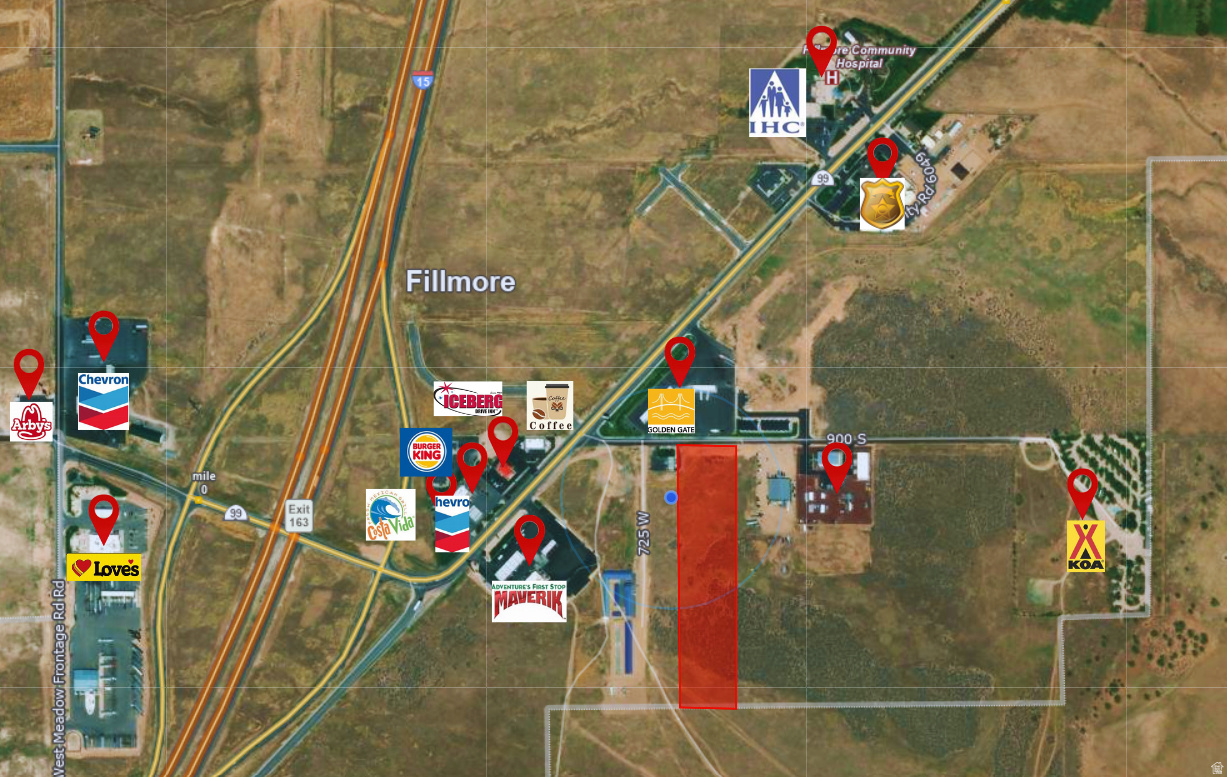 Discover an incredible investment opportunity with this 8.35-acre property near the south I-15 on/off ramp in Fillmore, Utah. Located in a rapidly growing area within a *Qualified Opportunity Zone*, this property offers immense potential for commercial development.  Surrounded by established businesses such as Maverik, Bonus Fuel, Chevron, Burger King, Costa Vida, a car wash, a diesel shop, KOA, and storage units, this prime location ensures high visibility and traffic. All utilities are readily available for connection, making it easy to start building your business vision. Whether you're considering retail, hospitality, or another commercial venture, this property is perfectly positioned for success. Bring your business to the booming area of Fillmore and take advantage of this rare opportunity!