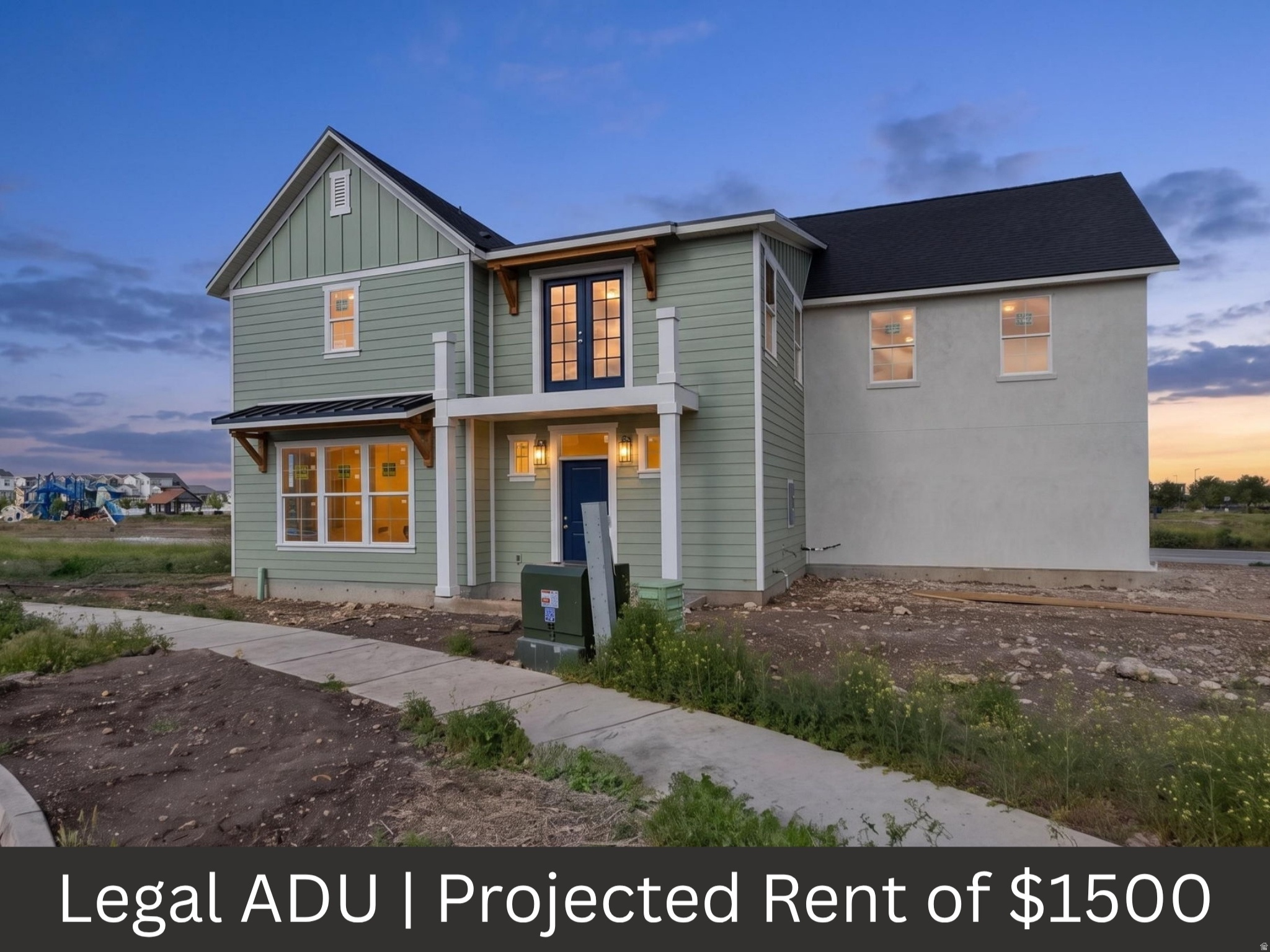 Stunning NEW CONSTRUCTION home in the BRAND NEW Westfield Central Subdivision featuring an income producing, LEGAL ADU. Perfect for HOUSE HACKING, investors, or multi generational living. The ADU offers excellent flexibility and can function as a 2 bedroom unit, or the main home can retain one of the bedrooms, converting the ADU into a 1 bedroom 1 bath depending on your needs. Rents as high as $1500/month helping to offset your mortgage expense. Short walk to the brand new city PARK. Conveniently located just minutes from I15, Smith's, and Wal-Mart.  The main floor features 9 FOOT CEILINGS,  a FIREPLACE, and tons of WINDOWS making it feel BRIGHT and AIRY. The spacious primary suite features dual vanities, an oversized bedroom, a walk-in closet, and a private balcony. Unlike many basement apartments, the ADU is situated above the garage, providing greater separation, privacy, and far less sound transfer between living spaces. Refrigerators are INCLUDED in the sale. Square footage figures are per builders plans. Buyer to verify all including school boundaries.