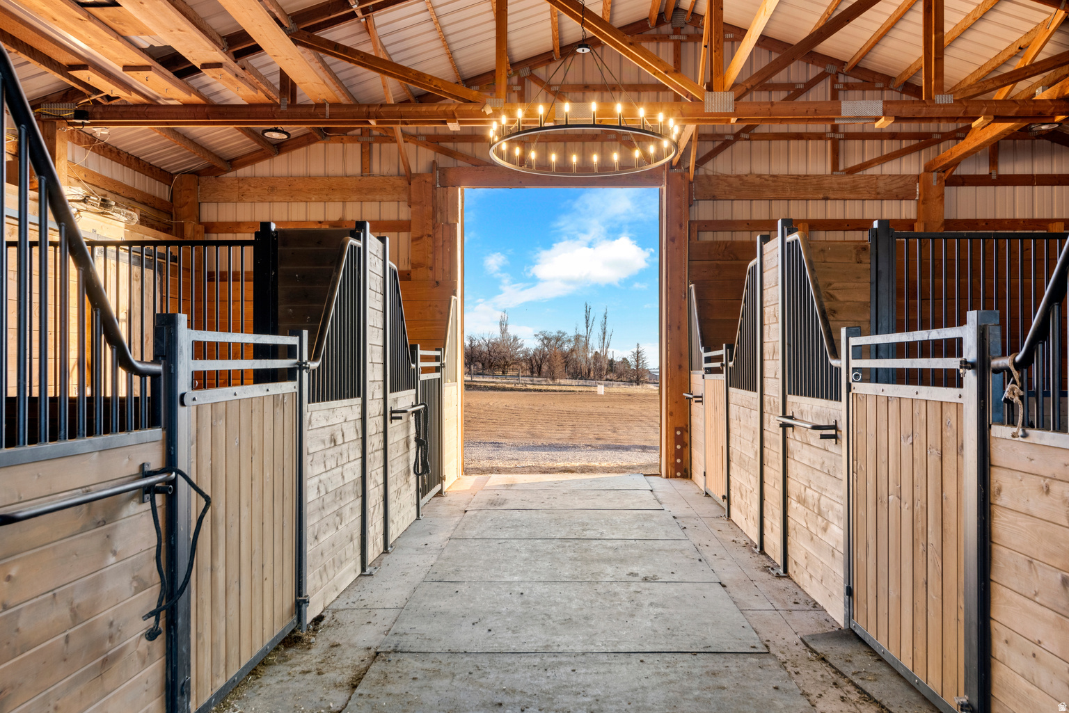 A premier equestrian estate secured by a private gated entrance. Spanning 5 pristine acres against a breathtaking mountain backdrop, this magnificent 6,251 sq. ft. residence offers 6 spacious bedrooms, 4 full bathrooms, and the ultimate blend of luxury living, high-end relaxation, and professional-grade horse facilities. Inside, a bright and airy, upgraded gourmet kitchen features granite countertops, premium stainless appliances, and three-zone radiant heated floors, offering a clear view into the main family room and its cozy fireplace. The primary bedroom is conveniently located on the main floor, featuring an expansive custom walk-in closet and private access to a covered porch with sweeping Wasatch mountain views. Downstairs, the massive walkout basement features additional spacious bedrooms, a second gas fireplace, a dedicated home gym, and a media room pre-wired for a projector, all leading directly out to a covered patio and a luxury spa. The world-class equestrian setup is fully equipped with a 60' round pen, a massive 190' x 160' arena, a hay shed, and an 1,800+ sq. ft. 4-stall barn complete with built-in grain bins, brilliant LED lighting, a statement chandelier, and outdoor runs, all while leaving plenty of additional land to further develop your own footprint.