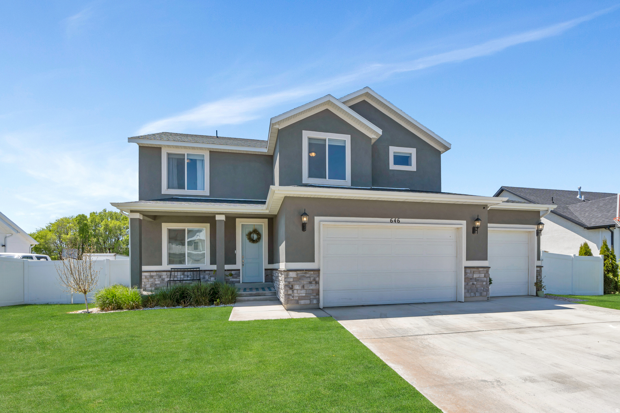 Built in 2020, this 3,331 sq ft two-story home sits on a 0.24-acre lot in Mapleton Grove, one of Mapleton's most sought-after communities. The main floor features a great room, formal living area, and full kitchen. Upstairs holds the primary suite plus two additional bedrooms and a full bath, totaling 3 bedrooms and 3 bathrooms throughout. The attached 3-car garage and 25% finished full basement offer plenty of room to grow. Home includes financed solar with a 10 kWh whole home backup battery and monitoring app. Mapleton Grove residents enjoy access to an exclusive community pool and Maple Grove Park, featuring pickleball courts, a pavilion with picnic tables, a playground with zipline, and restrooms. Just next door, the public Legacy Farms Park offers a pavilion, fitness court, basketball court, playground, and open green space.