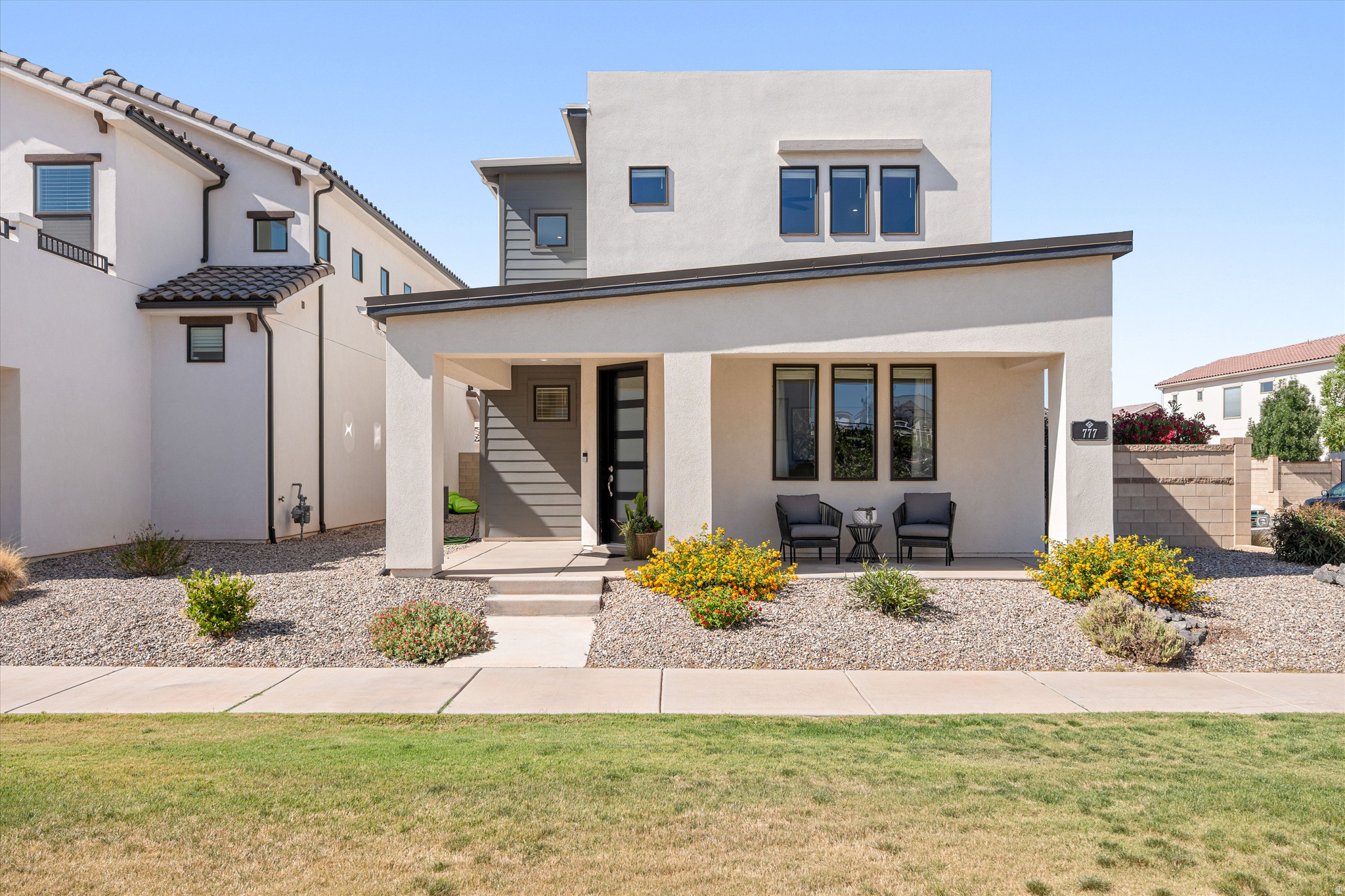 If you've been waiting for the perfect opportunity to buy in Desert Color, this is it! Welcome to 777 Red Marble Ln - an upgraded, spacious, low-maintenance home designed with comfort and convenience in mind. Featuring 3 large bedrooms, 2.5 bathrooms, and a versatile loft, this home is ideal as a vacation retreat or for comfortable year-round living. Situated on a large corner lot, the yard includes maintenance-free turf and a concrete pad with 220V electrical service ready for a hot tub. The oversized 3-car garage and extended driveway provide plenty of space for parking and storing all your toys. Additional upgrades include in-ceiling speakers with subwoofer in the family room (and wiring for future expansion throughout the home), a water softener and RO system, designer lighting, a Ring security system, and epoxy flooring in the garage.  Don't miss your opportunity to be part of this exclusive neighborhood where you get to enjoy  Desert Color's world-class amenities-including the lagoon, pools, trails, pickleball courts, and a new resident- only pool coming soon! Visit www.desertcolorca.com for community information.  Owner/Agent, Buyer to verify all listing details