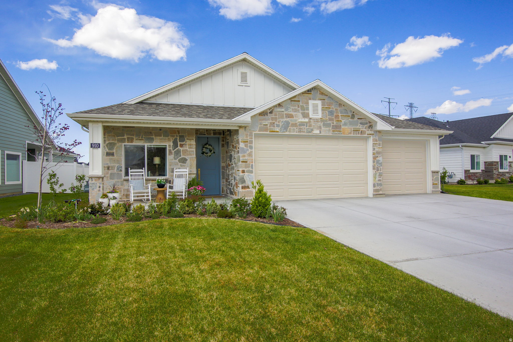 Beautiful single level living with no HOA designed for entertaining.  Many, many upgrades throughout.  The heart of this home is the awesome kitchen including a 12' island with quartz countertop, gas range with vented hood, double ovens, large pull-out drawers and a huge pantry with appliance counter.  You will also love the primary ensuite with huge double vanity, tile shower and large walk-in closet.   Other upgrades include but not limited to: rock exterior, extended front porch, extended patio, rock fireplace with built-in shelving, top down/bottom-up shades, designer lighting, cottage style shed, flagstone walkway, vegetable garden boxes, fruit trees, ornamental trees, shrubs and perennials.  The 3rd car bay of this garage has been converted into a bonus/playroom with addition storage closets in the garage.  It currently accommodates 1 car.  To accommodate one more car, one wall in the playroom can be removed to expose the garage door.  To accommodate a 3rd car the storage closets would need to be removed.  Owner agent.