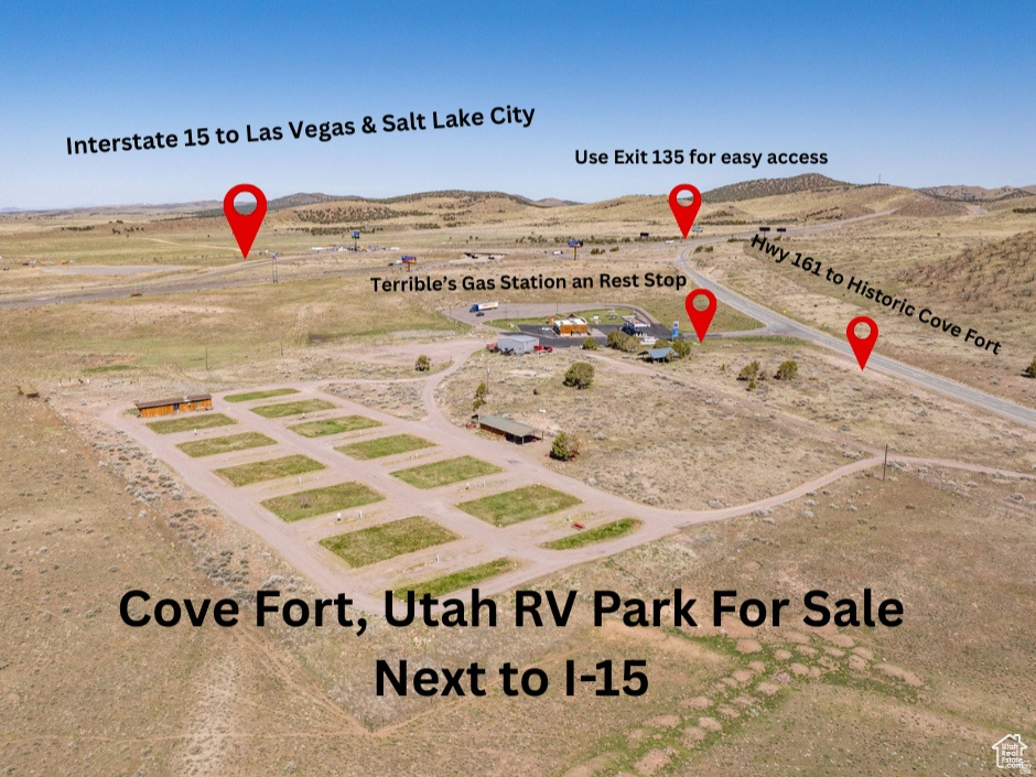 RV Park with on-site manager living quarters. This is a turn-key operation at historic Cove Fort, in Central Utah. 33 Full hook-ups with room to grow. Ideal location at the intersection of I-15 and I-70 for all the traffic passing through, as well as the short-term construction projects in the area. Facility has grass areas for each of the main sites and a shared laundry/restroom & shower facility. Property's west boundary line has frontage along I-15. Additional acreage available if buyer wants more property surrounding the site. Acreage is estimated for listing purposes. Access: From I-15 exit 135, head east to the Terrible's gas station entrance, drive south in their parking lot past the building to the entrance of the RV park.