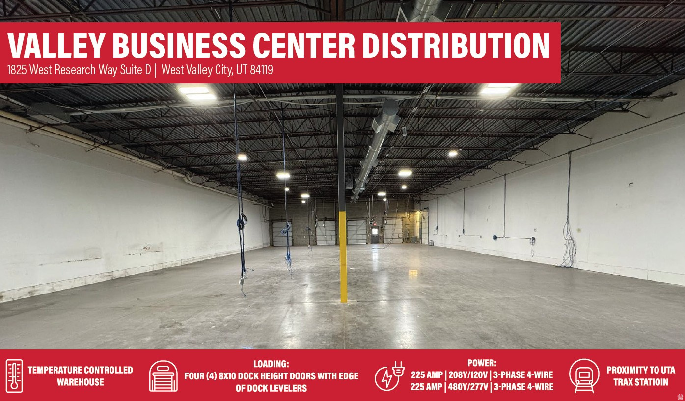 Suite D: 10,484 SF  - Office: 462 SF  - Warehouse: 10,022 SF   Loading:  - Four (4) 8'x10' Dock Height Doors With Edge of Dock Levelers   Temperature Controlled Warehouse (Heating & Cooling)   Clear Height: 17'   Fire Sprinklered   Power:  - 225 Amp | 208Y/120V | 3-Phase 4-Wire  - 225 Amp | 480Y/277V | 3-Phase 4-Wire   Power Drops Throughout   Zoning: M   Ample Parking   Proximity to UTA Trax Station   Easy Access To Redwood Road, I-215 and SR-201