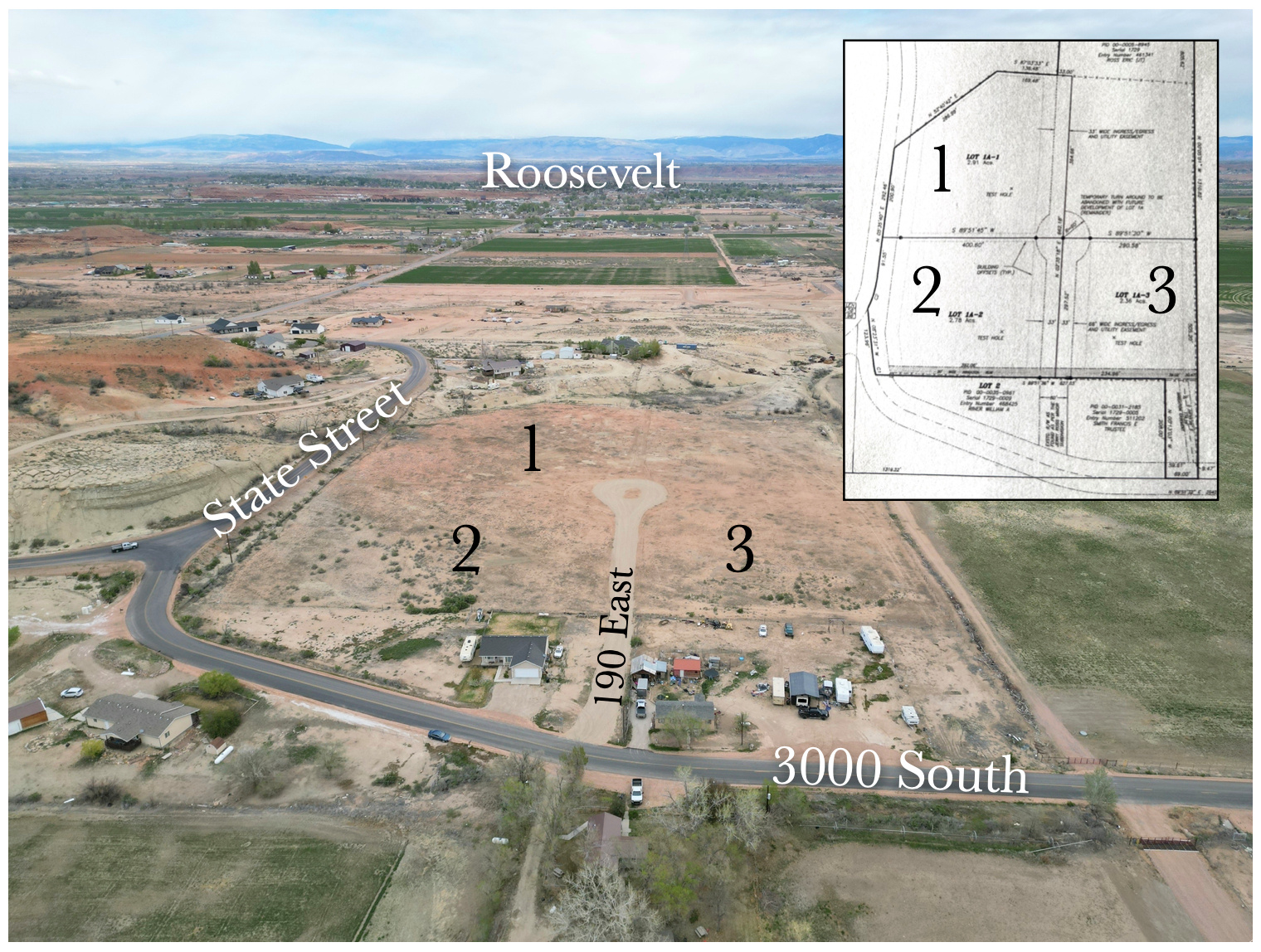 Spacious 2.36-acre building lot located just south of Roosevelt-offering the perfect balance of country living with convenient access to town. This property is ready for your dream home, with plenty of space for animals, recreational vehicles, trailers, and more. Power and water are available, with utilities for Lot 1A-3 located along the south east easement of the property (3000 South Street) or the roadway easement of cult-de-sac. Sewer will require a septic system. Buyer to verify all information.