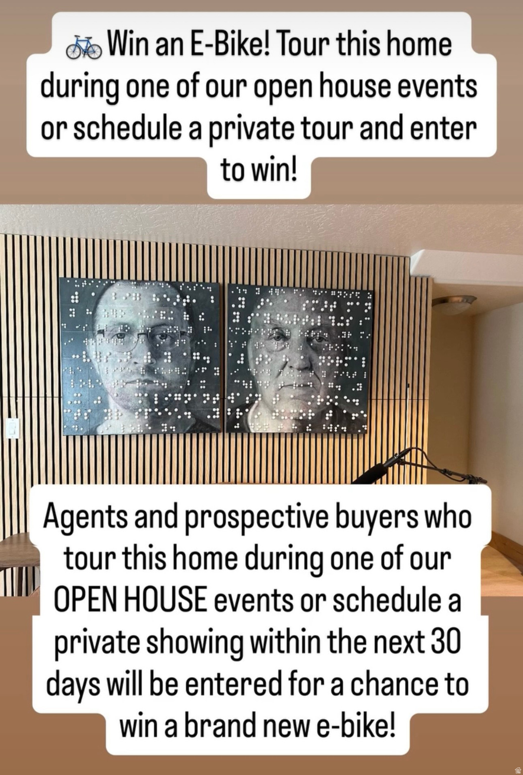 Win an E-Bike! Tour this home during one of our open house events or schedule a private tour and enter to win!  Agents and prospective buyers who tour this home during one of our open house events or schedule a private showing within the next 30 days will be entered for a chance to win a brand-new e-bike!   Treats will be served while you explore everything this beautiful home has to offer.  Open House Dates  Saturday, July 11, 2026 | 11:00 AM2:00 PM  Saturday, July 18, 2026 | 11:00 AM2:00 PM   7852 N. Sagebrush Ln., Eagle Mountain  Come see why this home is one of the best values on the market, enjoy treats, and enter for your chance to win. We'd love to see you there!  No purchase or offer to purchase is necessary to enter. See the hosting agent for complete giveaway rules, eligibility requirements, and official entry details. Must be 18 years old to enter.  Priced to Sell and only 5 minutes to Mountain View Corridor. Closer to Saratoga Springs than much of Saratoga Springs! PODCAST ROOM! Finally, enough bedrooms, storage, and gathering space for life. Ideally located on the border of Saratoga Springs and Eagle Mountain, this beautifully upgraded home stands out with a podcast studio featuring sound-absorption ceiling panels and wall treatments. This move-in-ready home features custom finishes, built-ins, designer lighting, upgrades throughout, 5 bedrooms, 3.5 bathrooms, and a bright, open floor plan. Inside, you'll find newer vinyl plank flooring, wood beam accents, custom trim work, a cozy gas fireplace, abundant natural light, and a whole-house sound system.  The kitchen is built for both function and entertaining, featuring a large island, double ovens, under-cabinet lighting, extensive cabinet storage, and an oversized pantry.  Upstairs, the spacious primary suite offers abundant natural light, a large walk-in closet, and a spa-like bathroom with a jetted tub and dual-head shower. Additional bedrooms feature large windows, walk-in closets, and generous storage. For added comfort and efficiency, the upper level includes its own HVAC system and dedicated laundry room.  The newly finished basement adds exceptional versatility with a beautiful sound-treated creative space, ideal for recording, streaming, gaming, remote work, movie nights, studying, or simply relaxing. A bedroom, bathroom, wet bar, and large cold storage room make the lower level perfect for guests, multi-generational living, or additional living space.  HOA amenities include a clubhouse, swimming pool, exercise room, playground, bike trails, and community gathering spaces-all for just $24 per month.  Outside, enjoy mature landscaping, garden boxes, a peach tree, raspberry and blackberry bushes, a gas grill, and a large storage shed for tools, toys, and outdoor equipment.  This neighborhood is truly special, with families spanning every age range, from newborns to high school seniors, making it easy for kids to find friends right outside their door. A neighborhood GroupMe keeps everyone connected, whether it's borrowing a cup of sugar, finding a babysitter, joining a playdate group, or hearing about the next event. It's the perfect balance: friendly and connected without ever feeling nosy. During the warmer months, don't miss "Treats on the Streets" every first Monday, where a different street hosts treats and neighbors wander over to mingle and catch up. Add in regular block parties and one of the best Fourth of July fireworks shows around (thanks to some seriously dedicated neighbors), and you'll understand why this community is so hard to leave.  The local school is an easy walk away and has been a favorite, with attentive teachers, supportive administration, and a strong social-emotional learning program woven into the daily curriculum. Evenings are peaceful after 10 p.m., mornings are calm and quiet, and the walking path just across the street is perfect for a sunrise stroll.  Commute: Roughly 15 minutes to the I-15 on-ramp in Lehi during morning rush h