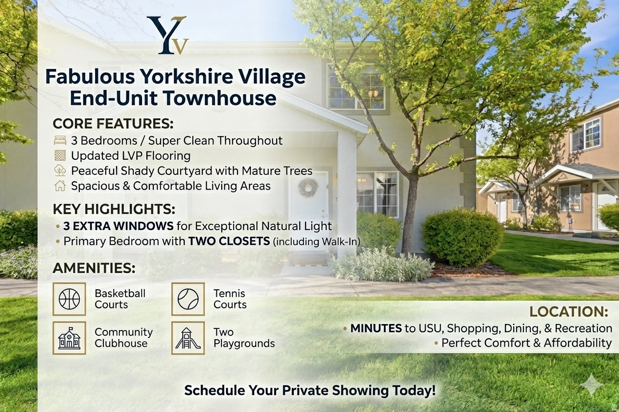 Fabulous Yorkshire End-Unit townhouse featuring 3 bedrooms and three extra windows that fill the home with natural light! This home has been exceptionally well cared for and is super clean throughout, with updated LVP. Nestled in a shady courtyard with mature trees and inviting green landscaping, the setting feels peaceful and welcoming.  Inside, you'll find spacious and comfortable living areas perfect for relaxing or entertaining. The primary bedroom offers excellent storage with two closets, including a walk-in closet and an additional sliding-door closet.  Residents of Yorkshire Village enjoy fantastic amenities including basketball and tennis courts, a clubhouse for larger gatherings, and two playgrounds. Conveniently located just minutes from USU, shopping, dining, and outdoor recreation, this home offers the perfect combination of comfort, convenience, and affordability.  Schedule your private showing today!  Buyer is advised to obtain an independent measurement.