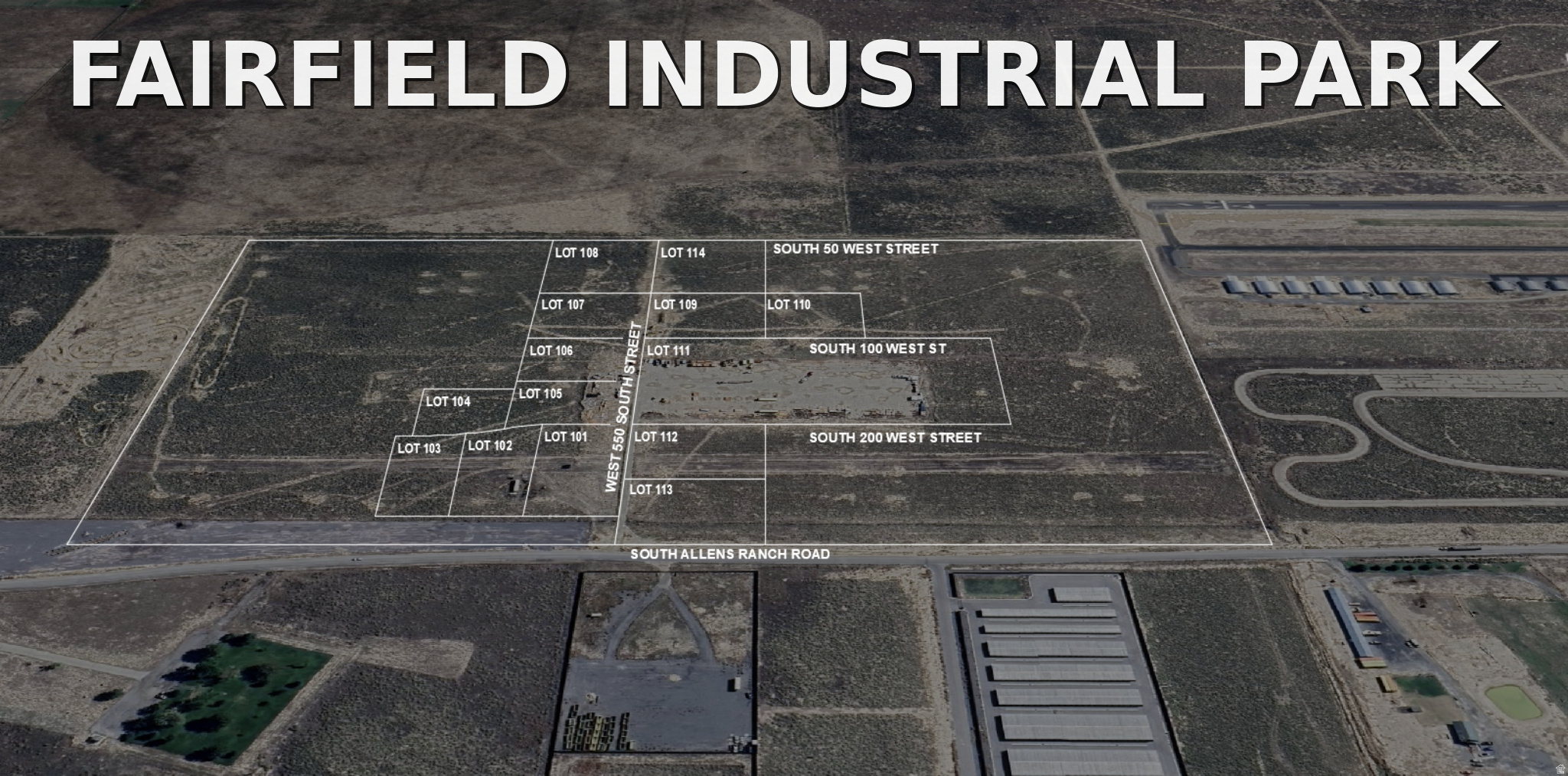 Phase 1 release of Fairfield Industrial Park,  an approved, phased light industrial development located off Allens Ranch Road in Fairfield, Utah County. Fourteen (14) entitled industrial lots (approx. 1.11.7 acres each) with the ability to combine parcels for larger footprint users. Phase 1 infrastructure improvements scheduled for Spring 2026. Utilities will be stubbed to each lot. Flexible deal structures available: Land sale, Ground lease (NNN), Build-to-suit. Seller financing available. This offering provides multiple exit strategies: Resale of finished pads, Vertical development and hold, Ground lease income model, Owner-user build opportunities. Part of a larger 75+ acre master-planned industrial park with phased expansion. Limited light industrial inventory in western Utah County positions this project for long-term growth as infrastructure and regional expansion continue westward. Price shown is for lot 113. Contact listing agent for lot pricing, phasing plan, and development package.