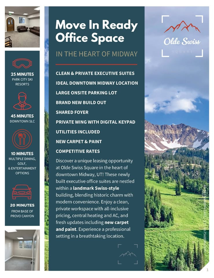 Offering 4 private office suites within a landmark Swiss-style building in downtown Midway. 3 of the suites are located on the garden level and were recently just built out with new paint and carpet along with new foyer furnishings. The other suite has a waiting room with a connecting door into a large office. This suite is located on the main level and has windows in both rooms. Great multi-tenant space with professionals ranging from pharmacy, dentist, massage therapy and physical therapy. Monthly rate is all-inclusive but does not cover internet, based on a triple NNN structure. See flyer for pricing. Agent is related to owner. Square footage estimates are rentable and sizes vary office to office. Square footage estimates are provided as a courtesy and an estimate from building plans.