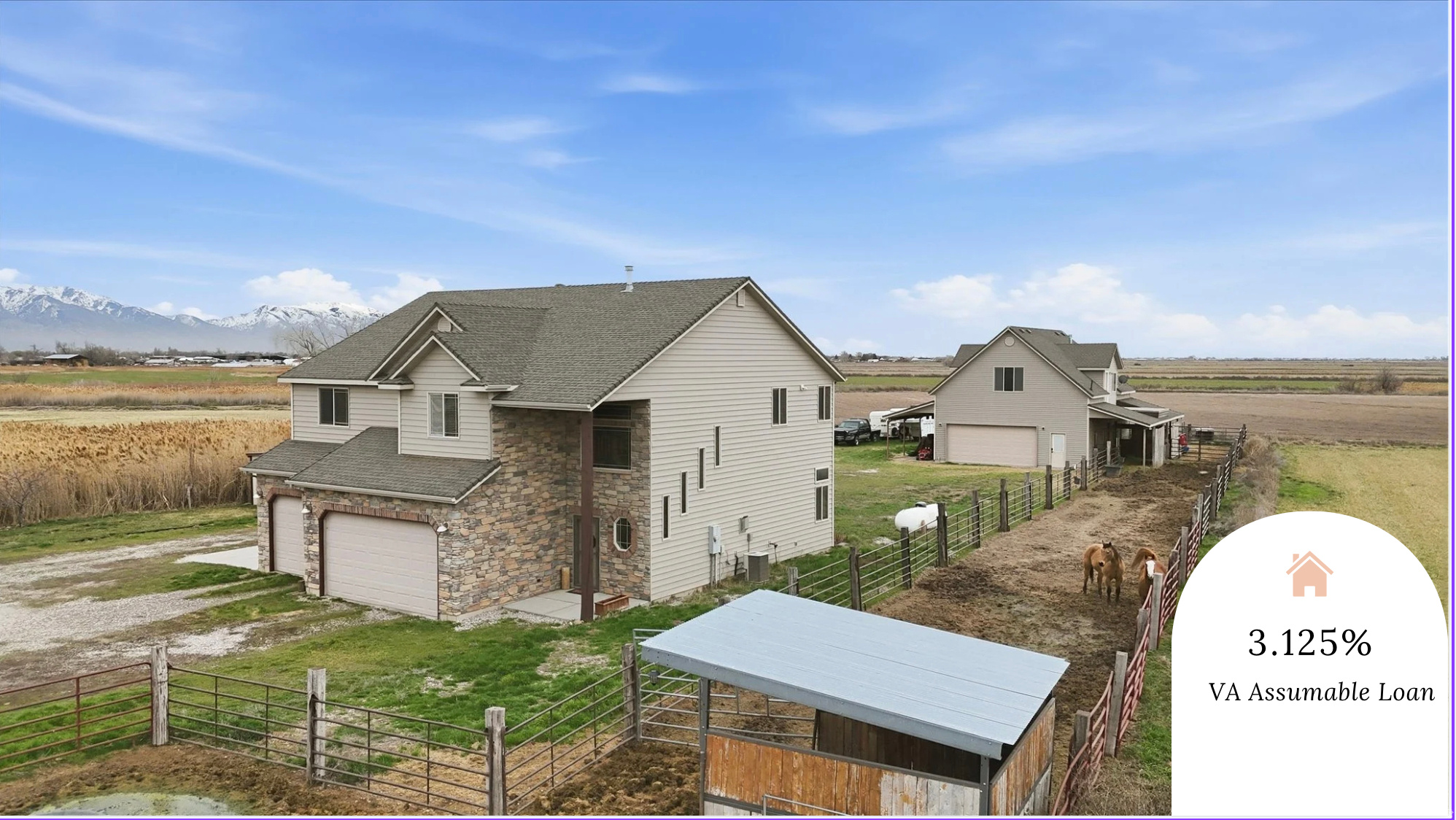ISEEKING THE PERFECT PLACE FOR YOUR FAMILY, HORSES, ANIMALS, AND LIFESTYLE?  Finding true privacy, open acreage, and freedom is becoming nearly impossible-but this unique 1.48-acre country sanctuary is exactly where your next chapter begins.  MASSIVE PRICE REDUCTION + MOTIVATED SELLERS OPEN TO OFFERS!   Escape to your own private 1.48-acre mountain sanctuary where rugged views meet an absolute masterpiece of "Modern Rustic" design!    If you've been waiting for the perfect acreage with unmatched hobbyist setups and historic financing options, this is your moment.   THE FINANCIAL JACKPOT :   A: 3.125% VA ASSUMABLE LOAN! Qualified veterans can lock in an ultra-low, historic interest rate. (Must substitute VA entitlement and cover equity gap with cash/proof of funds).    THE PROPERTY HIGHLIGHTS: The Main Home: 4 spacious bedrooms, a spa-like primary suite with a private balcony, vaulted ceilings, a warm gas fireplace, and a massive gourmet granite kitchen island made for entertaining.   The Dream Workshop: A massive 1,200 sq. ft. workshop with a 3-car pull-through garage.   Equestrian Ready: Professional horse stalls and a riding arena right on your property!  Bonus Space: A 900 sq. ft. space above the workshop ready to be finished into a 1-bed, 1-bath ADU, guest house, or ultimate man cave.  Sellers are highly motivated; the price just dropped, and interest rates this low are extinct. Don't let someone else buy your dream retreat.  Contact the listing agent for more details. Buyer's agents, please see listing docs for details.