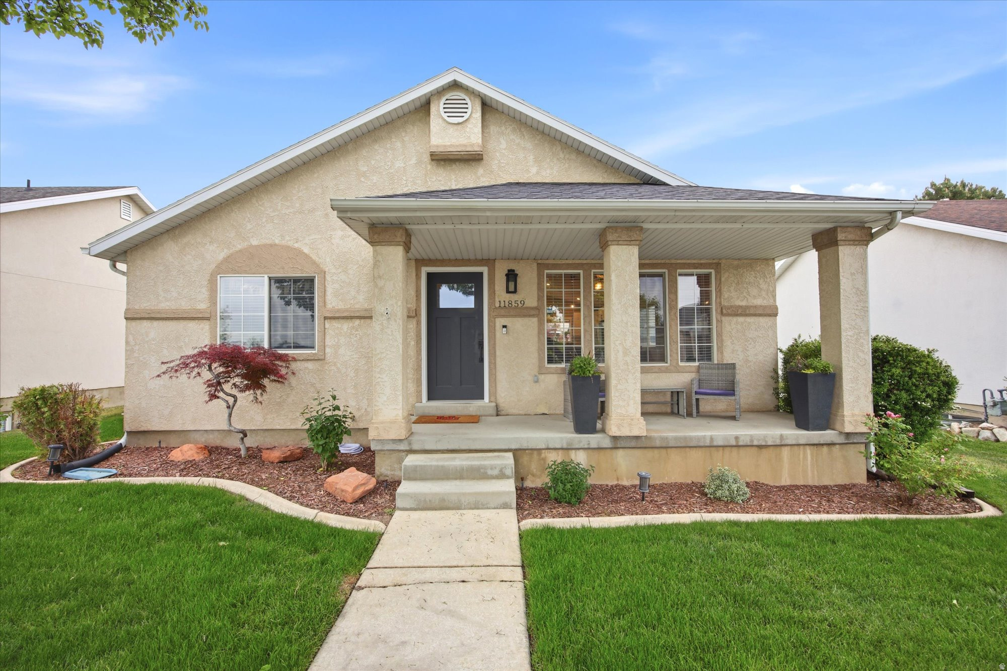 **Beautiful Updated Rambler in a Prime Draper Location!** Welcome to this bright and inviting rambler nestled on a quiet interior street in one of Draper's most convenient neighborhoods. The open, airy floor plan features vaulted ceilings and luxury vinyl plank flooring throughout, creating a spacious and modern feel.  The beautifully updated kitchen is the heart of the home, offering quartz countertops, soft-close cabinetry, a gas range, and a large island with bar seating-perfect for entertaining or everyday living.  Step outside to your own private backyard retreat. The west-facing orientation provides cool, shaded evenings to enjoy the stamped concrete patio, fully fenced and professionally maintained low-maintenance yard, above-ground swimming pool, and hot tub beneath a covered gazebo. A detached two-car garage offers ample parking and storage.  The recently finished basement adds valuable living space, making this home ideal for families, guests, or a home office. Located directly across from a community park, you'll enjoy a peaceful setting while being just minutes from shopping, restaurants, schools, and convenient freeway access.  Square footage figures are provided as a courtesy estimate from county records. Buyer is advised to obtain an independent measurement and verify all information.